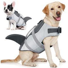 AOFITEE Dog Life Jacket front view shows buoyant shark design for safe swimming.