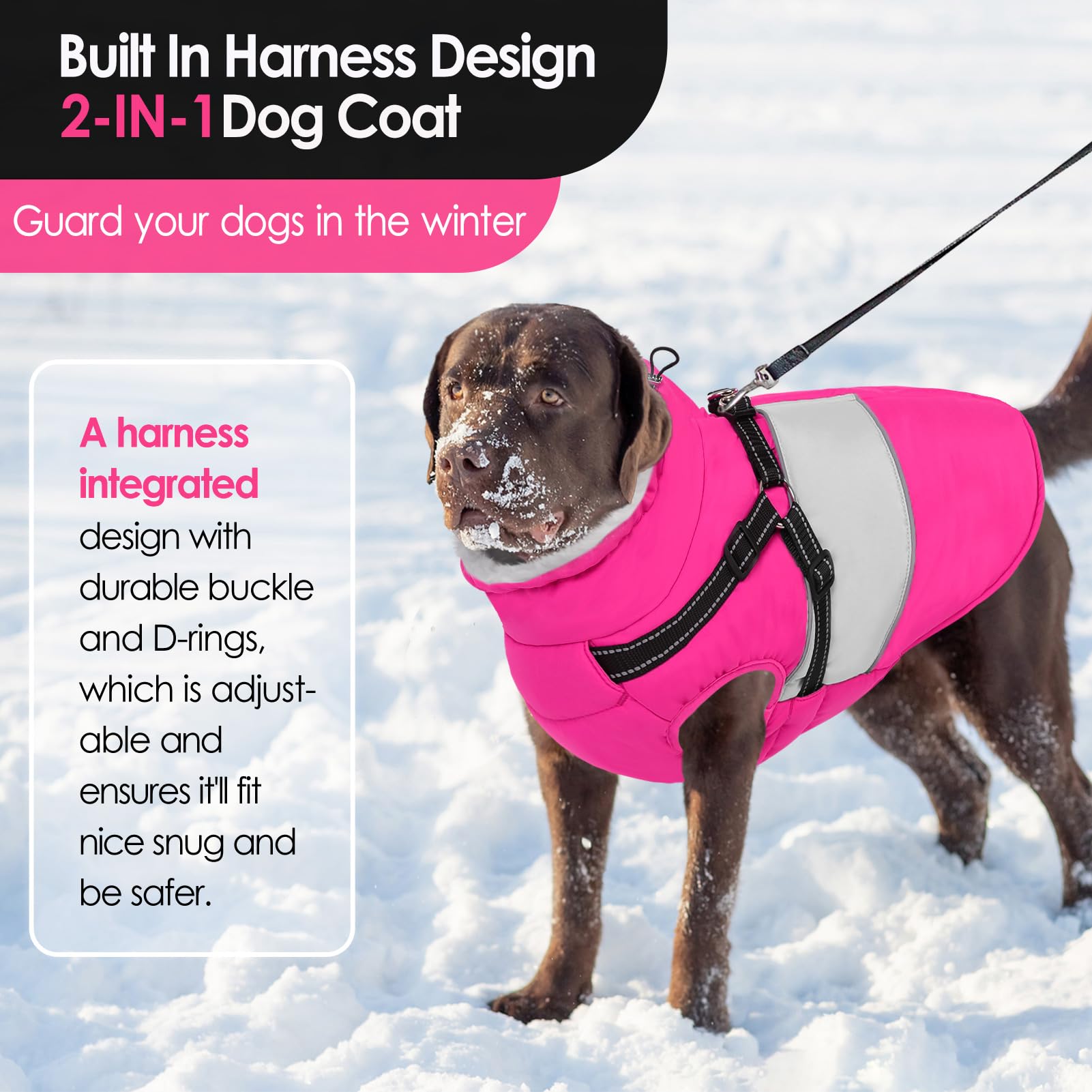 AOFITEE Dog Winter Coat back view showing built-in harness for secure leash control.