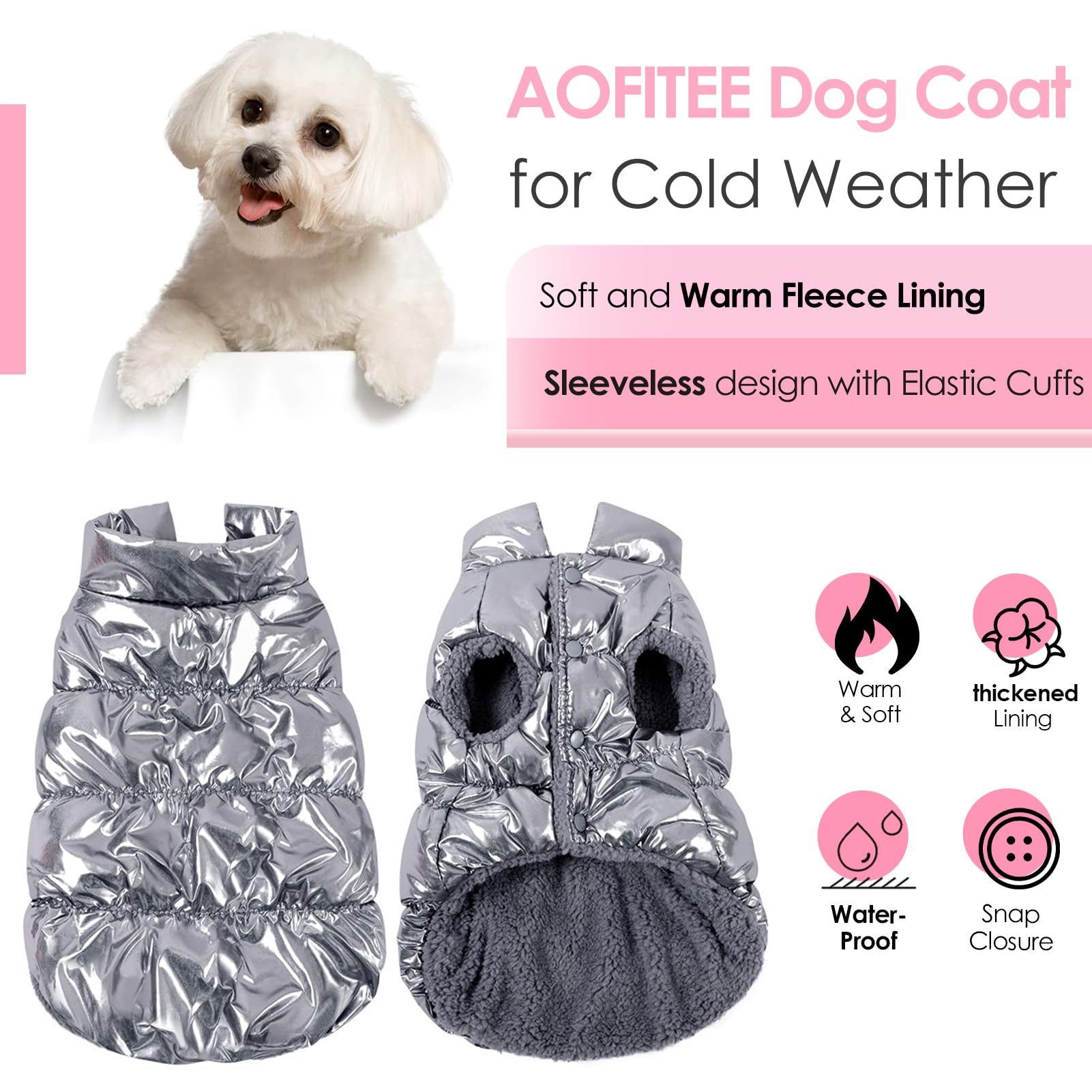 AOFITEE dog winter coat side view in silver shows sleek fit for everyday outdoor adventures