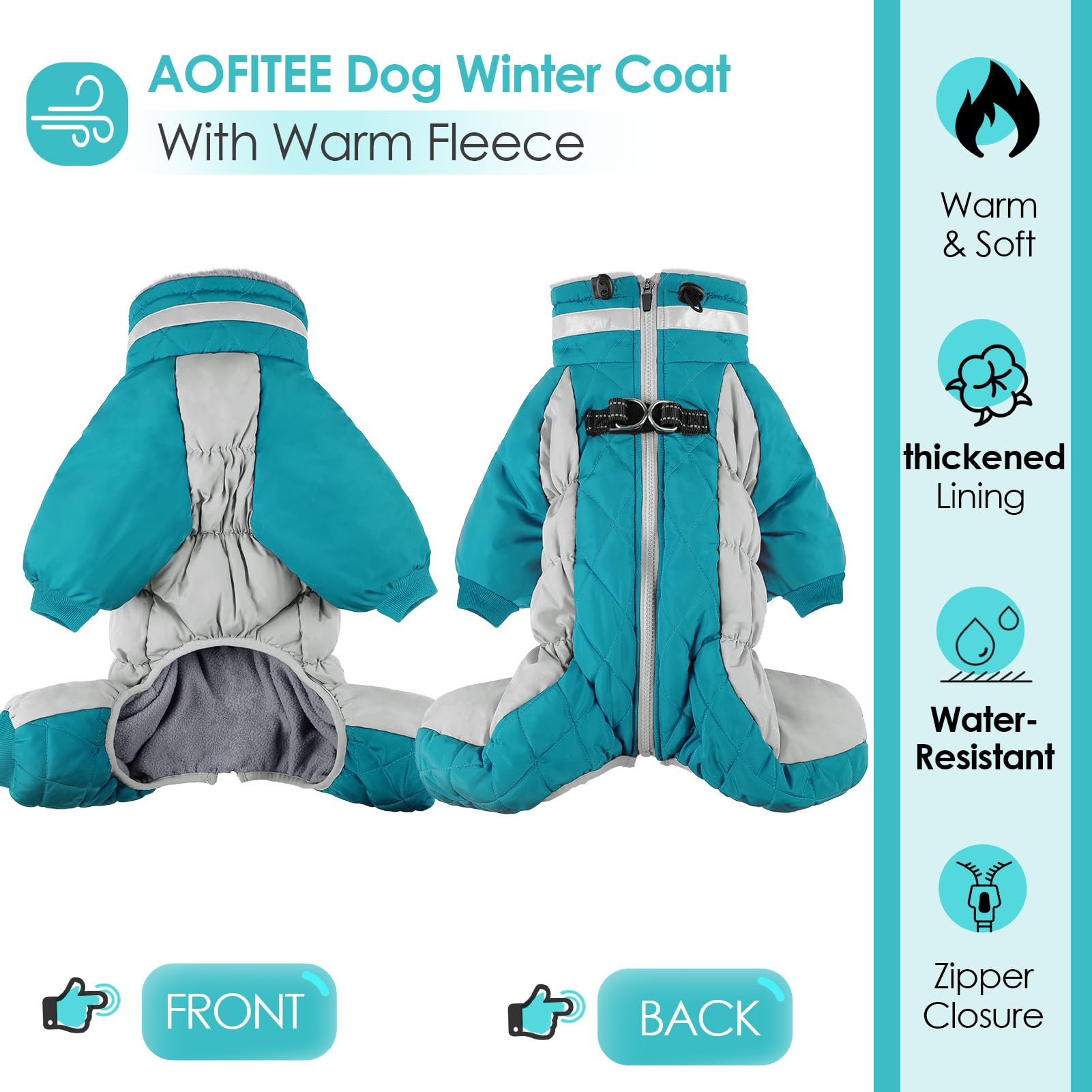 AOFITEE fullbody coat four-legged coverage keeps your dog warm from neck to hind.