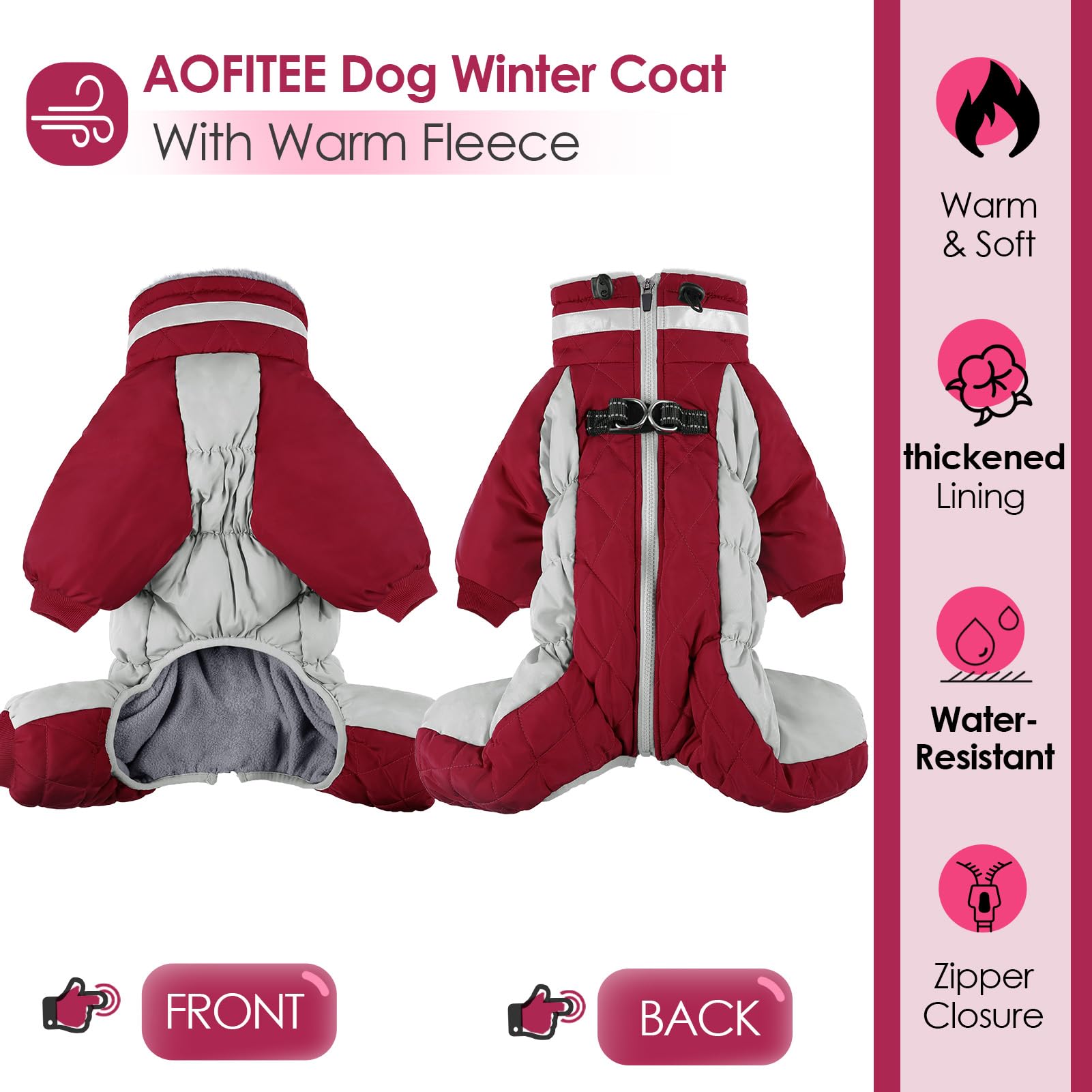 AOFITEE fullbody dog coat front view with harness built-in adds secure, convenient walking