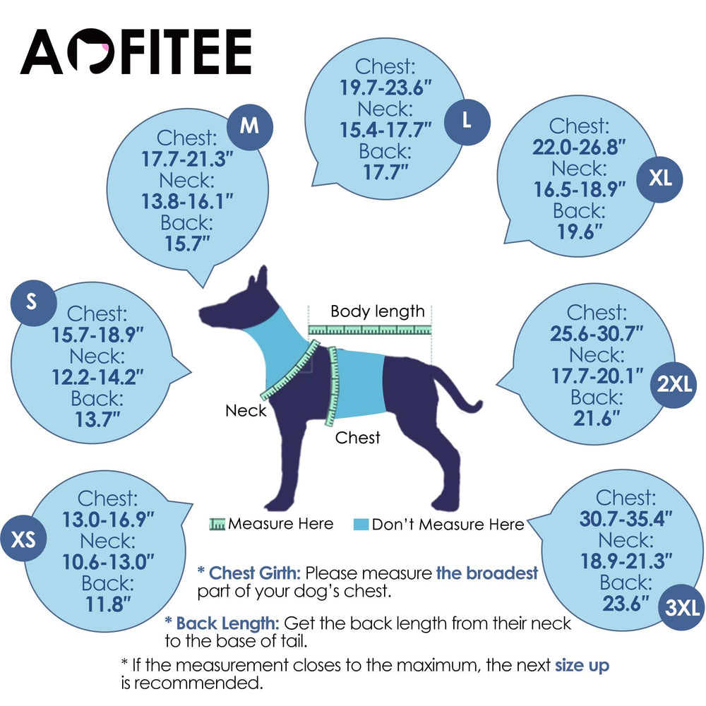 AOFITEE size chart image guiding a proper fit for most breeds