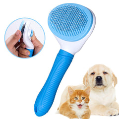 Aogeili self-cleaning slicker brush close-up with ergonomic handle for comfortable grooming.