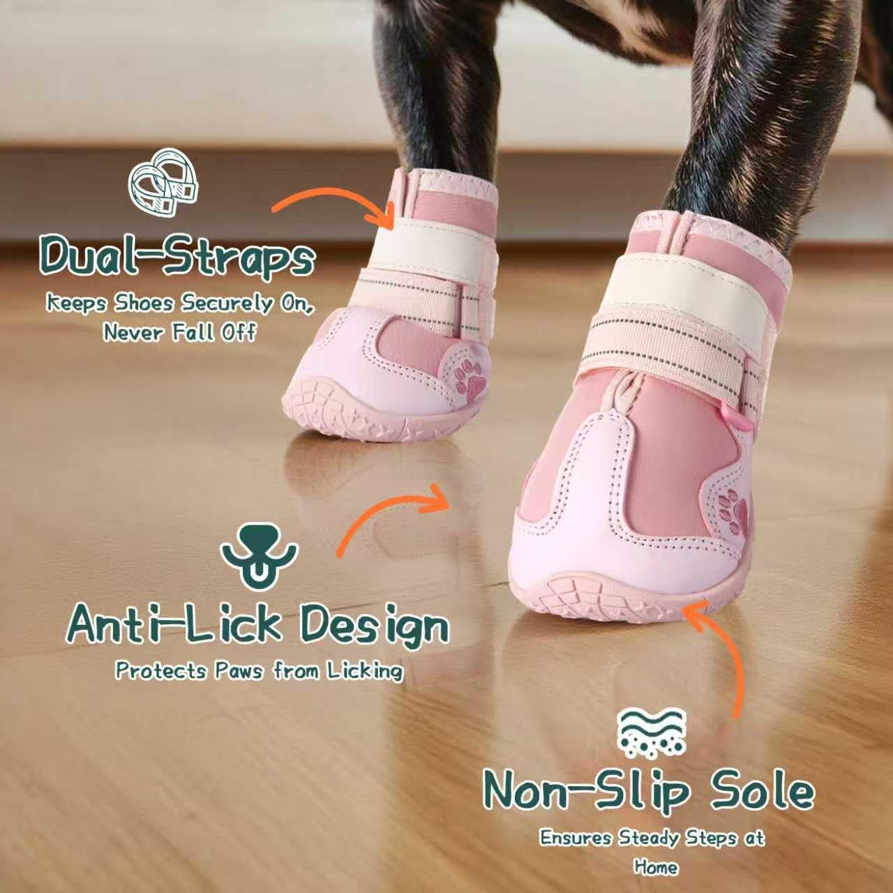 AOKOWN pink dog shoes size 4 strap detail close-up.
