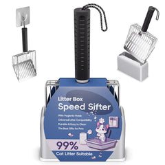 Aoktech heavy-duty metal cat litter scoop with holder front view shows durable build for easy cleaning.