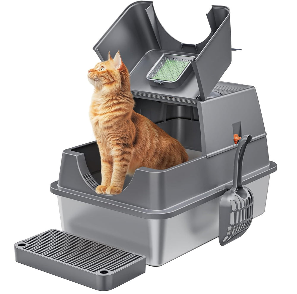 Aoktech stainless steel litter box with lid front view highlighting large capacity for adult cats
