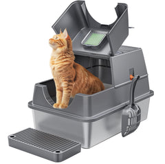 Aoktech stainless steel litter box with lid front view highlighting large capacity for adult cats