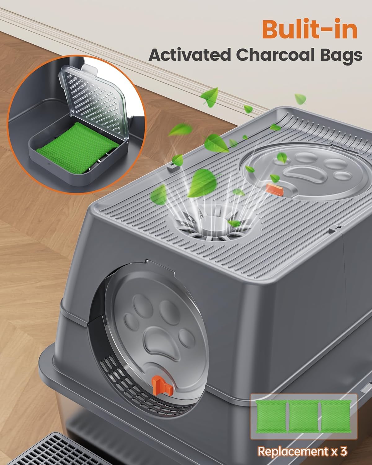 Aoktech stainless steel litter box odor control with activated carbon bags