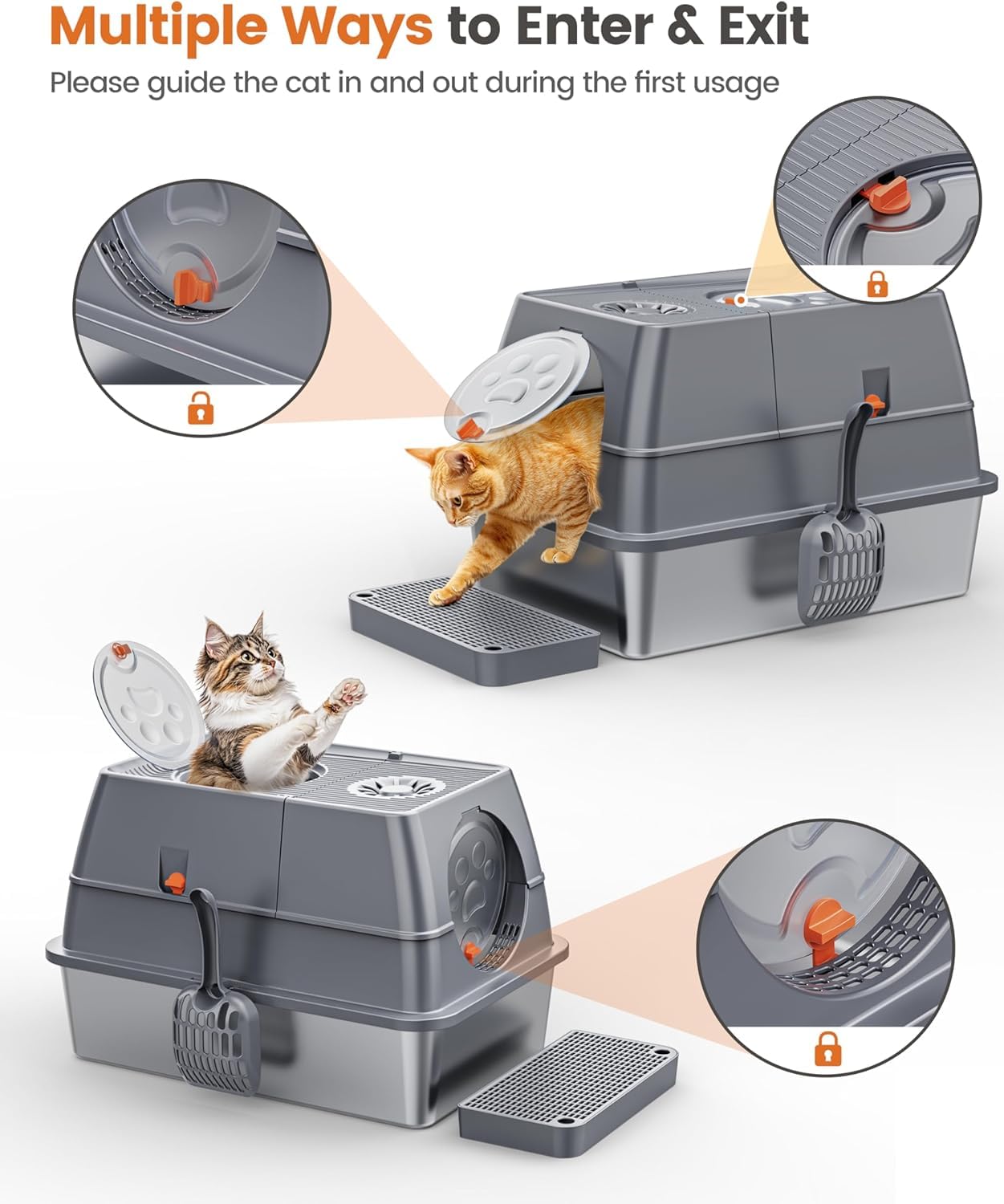 Aoktech stainless steel litter box shows a three-model detachable design for versatile configurations