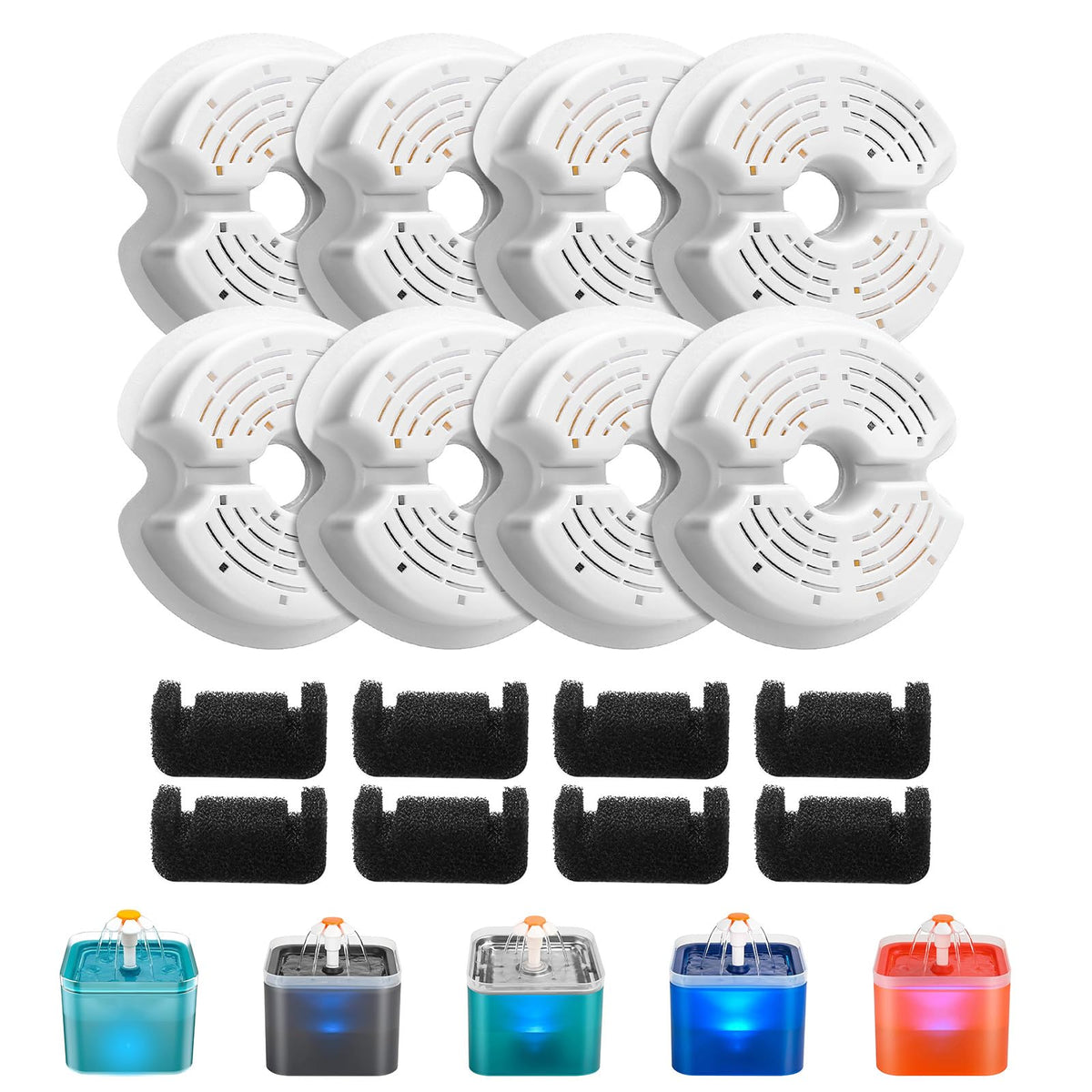 AONBOY cat fountain filters pack showing 8 filters and 8 sponges for clean water
