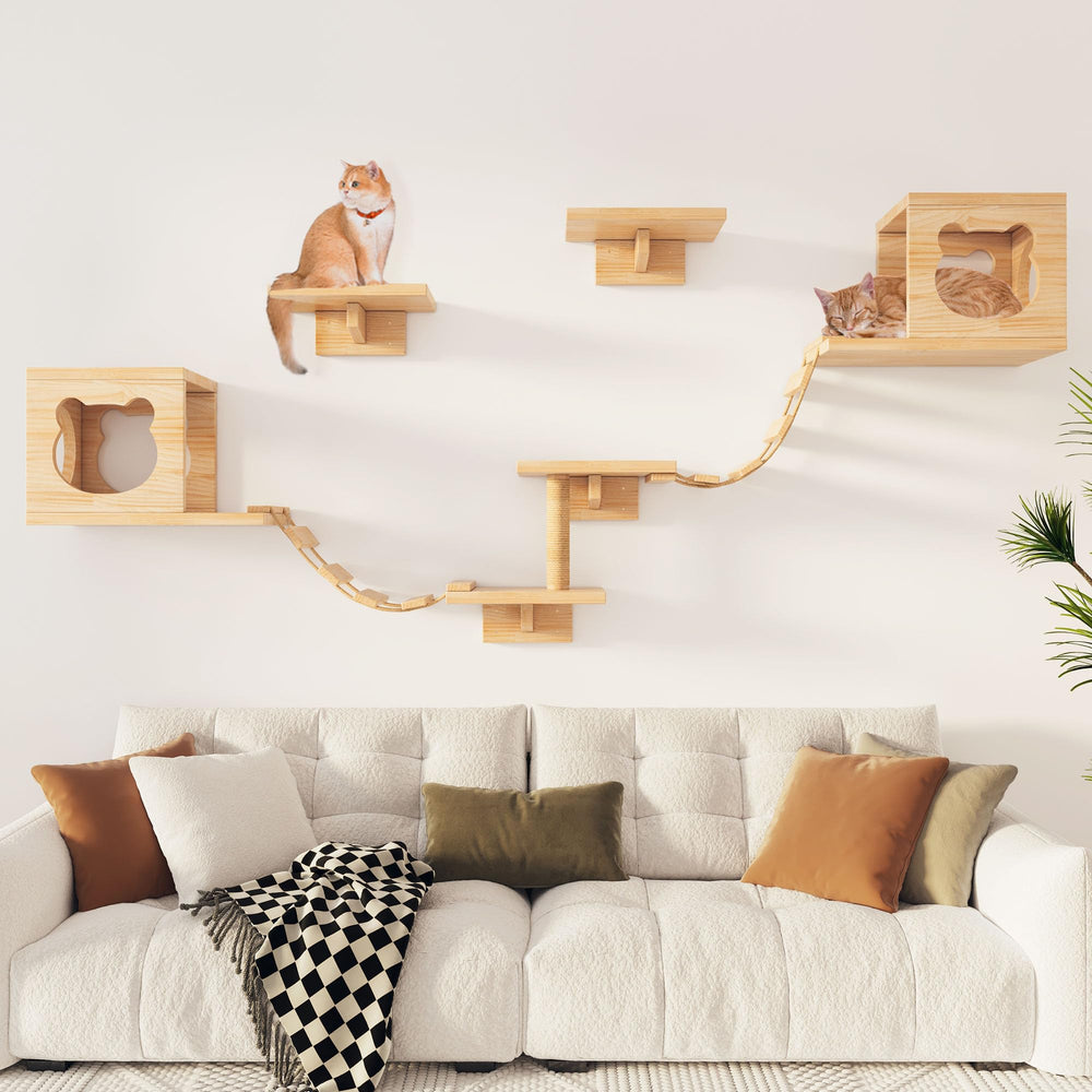 Aoparts PETKABOO wall shelves assembly showcasing sturdy mounting for safe, space-saving cat play.
