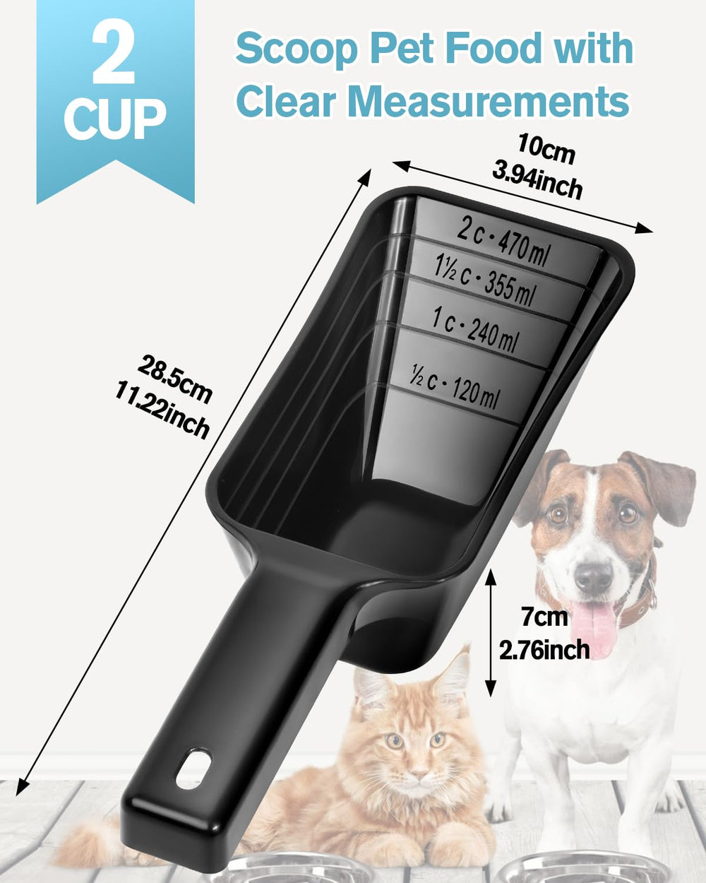 Aosnare 2Cup dog food scoop front view shows large capacity and clean black design.