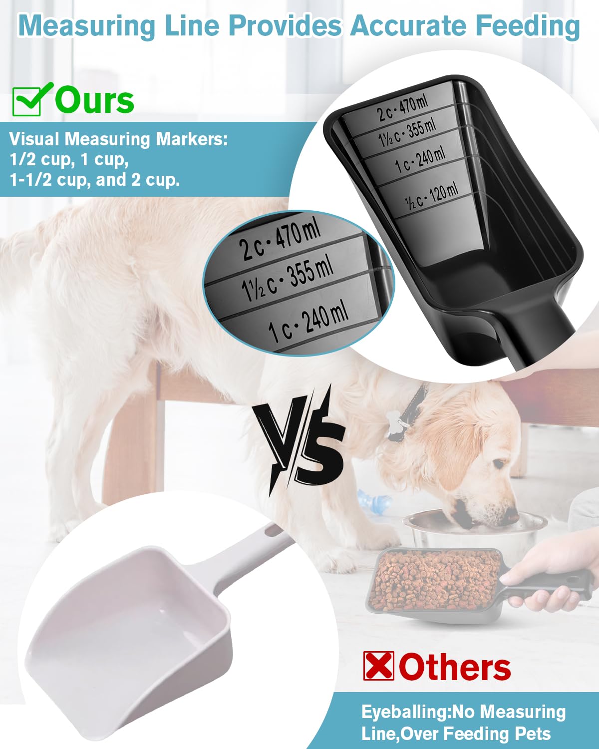 Aosnare 2Cup dog food scoop measuring lines demonstrate precise portion control for meals.