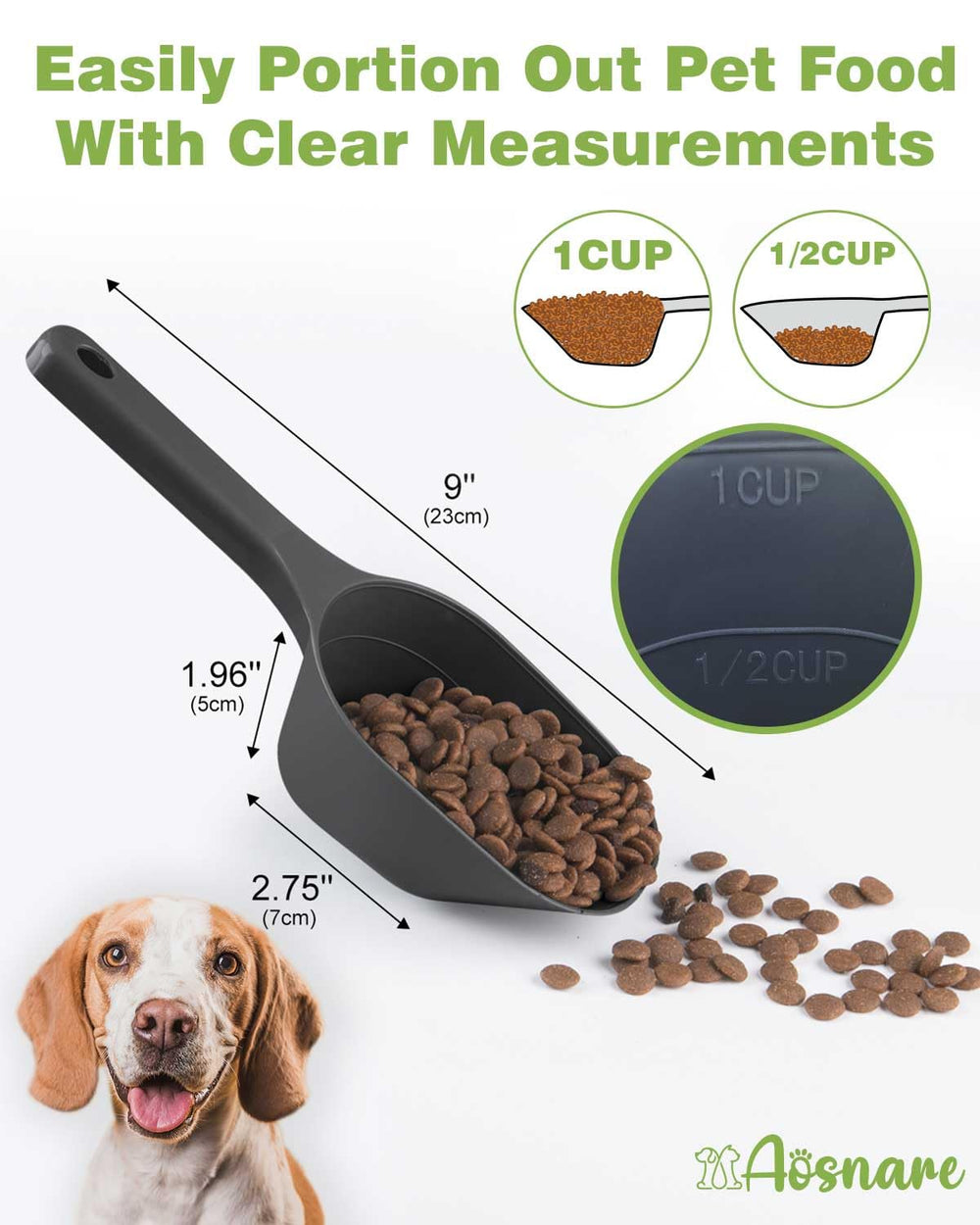 Aosnare black dog food scoop close-up highlighting durable plastic
