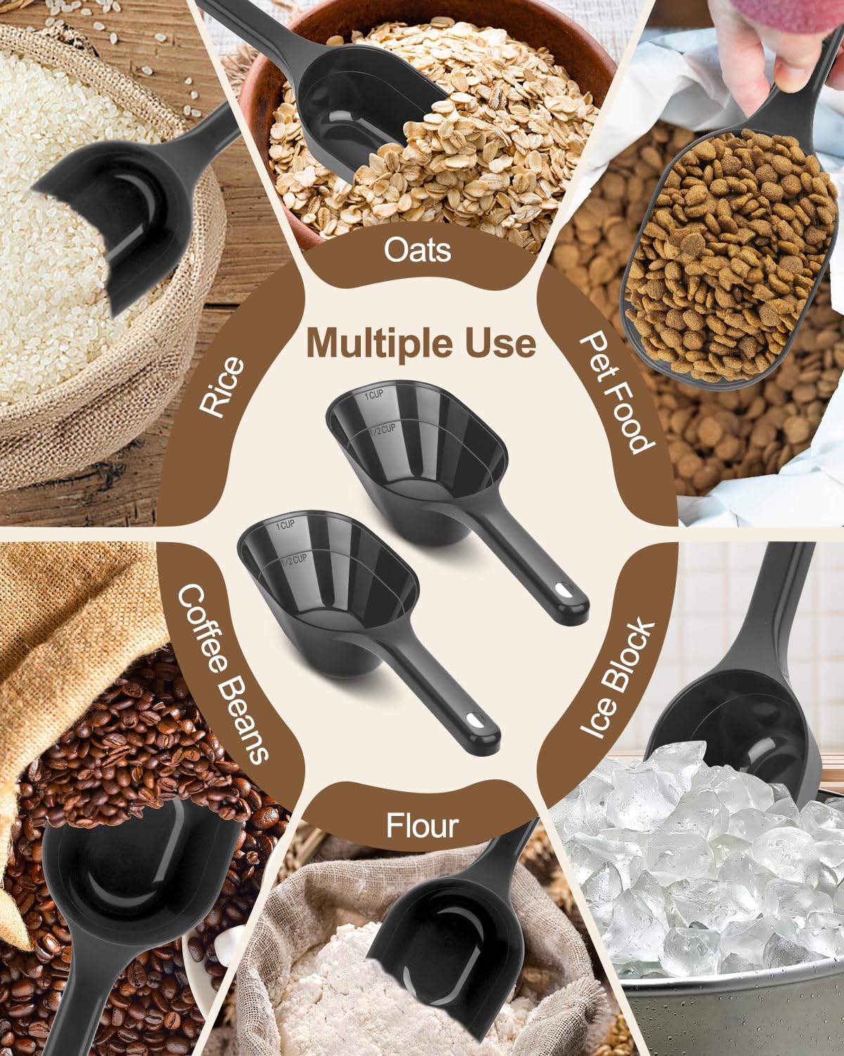 Aosnare black dog food scoop showing dishwasher-safe and easy cleaning features