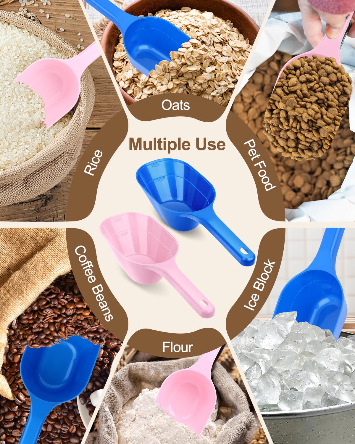 Aosnare dog food scoop used for ice and more in the kitchen.