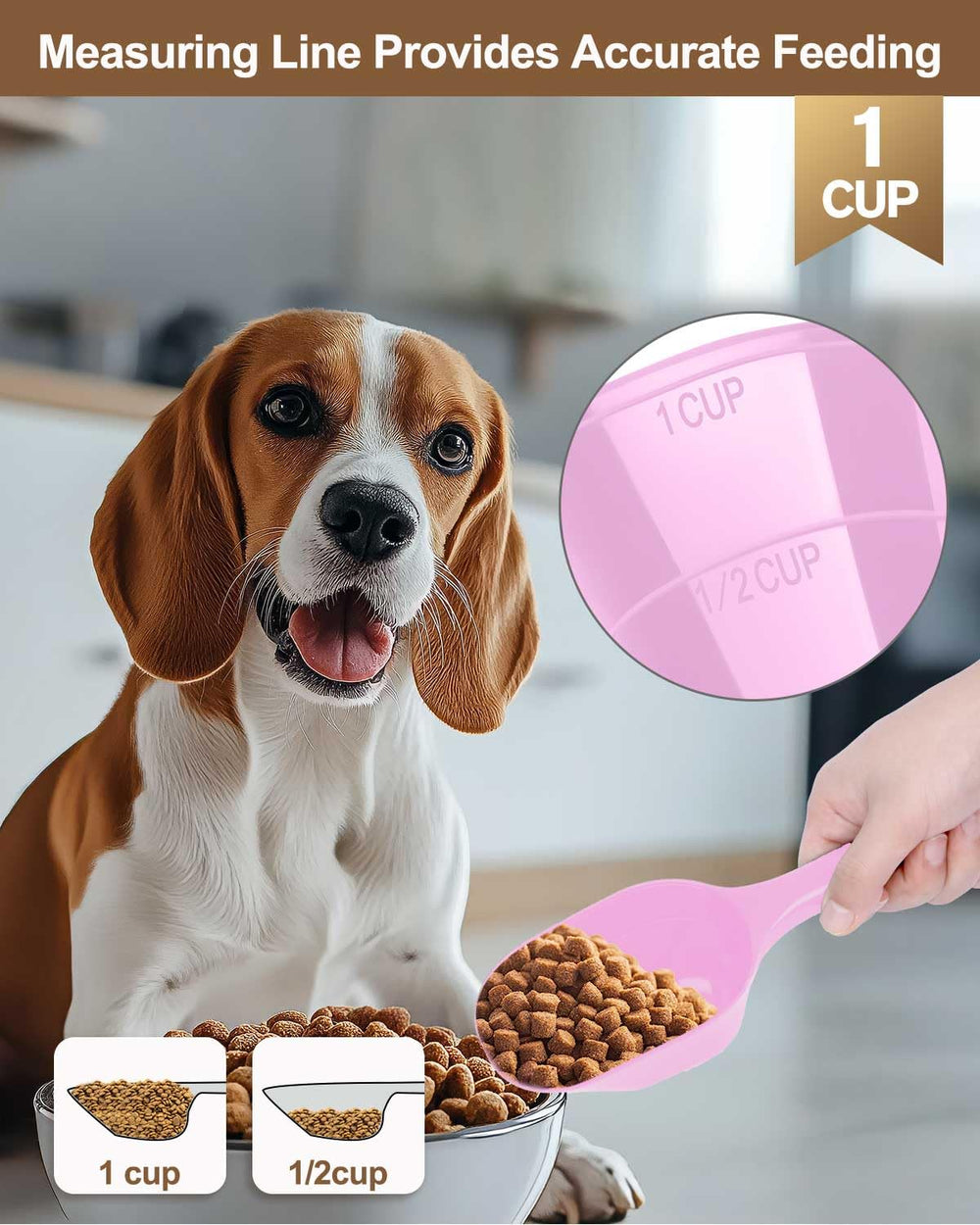 Aosnare dog food scoop with pink-blue handle for easy grip and visibility.