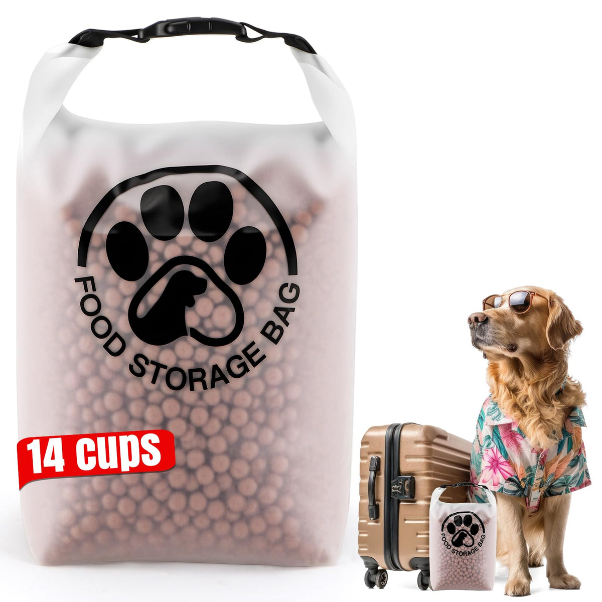 Aosnare pet food storage bag with roll-top closure showing airtight seal.