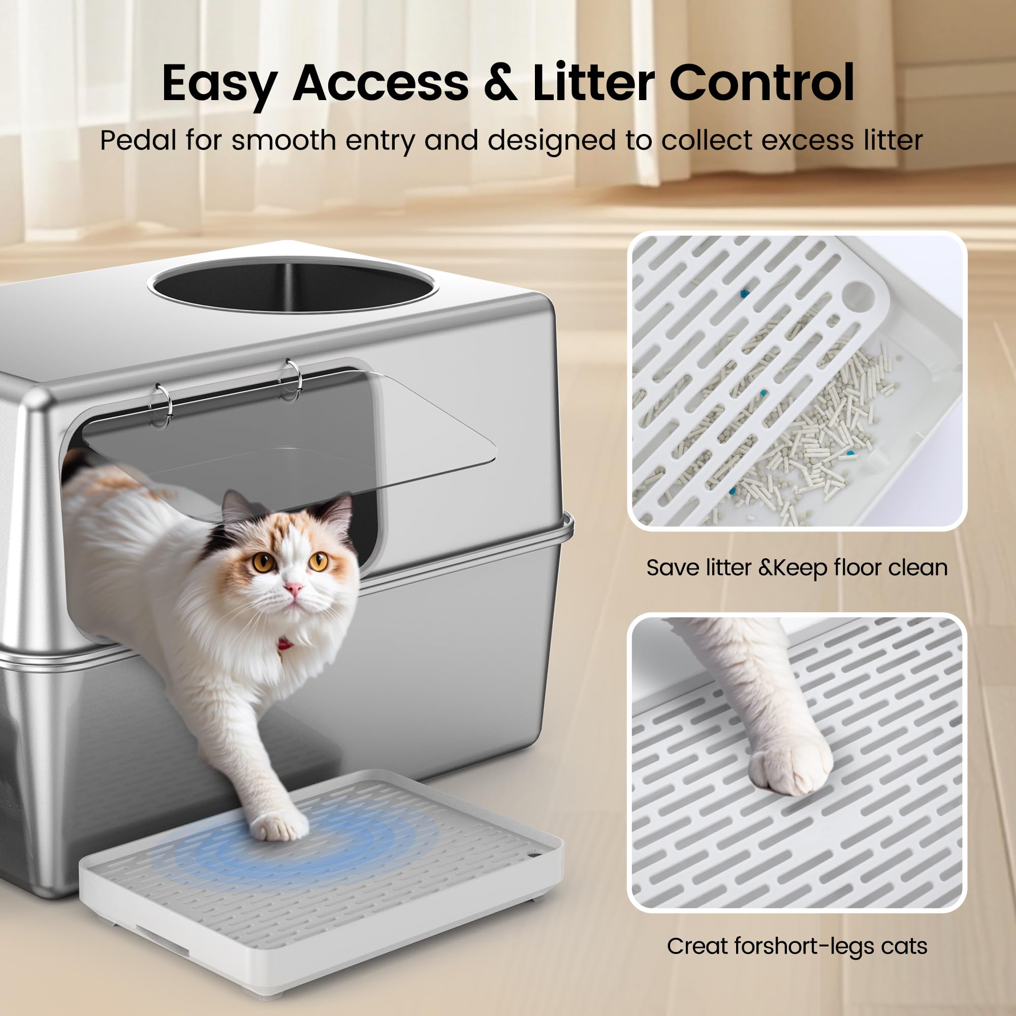 Aothey high-sided litter box with splash guard keeps litter contained.