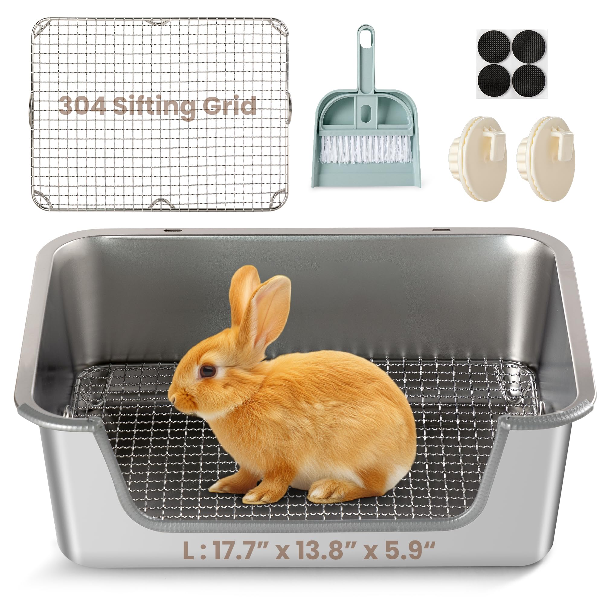 Aothey Rabbit Litter Box showing the 304 Sifting Grid for rust resistant, easy maintenance