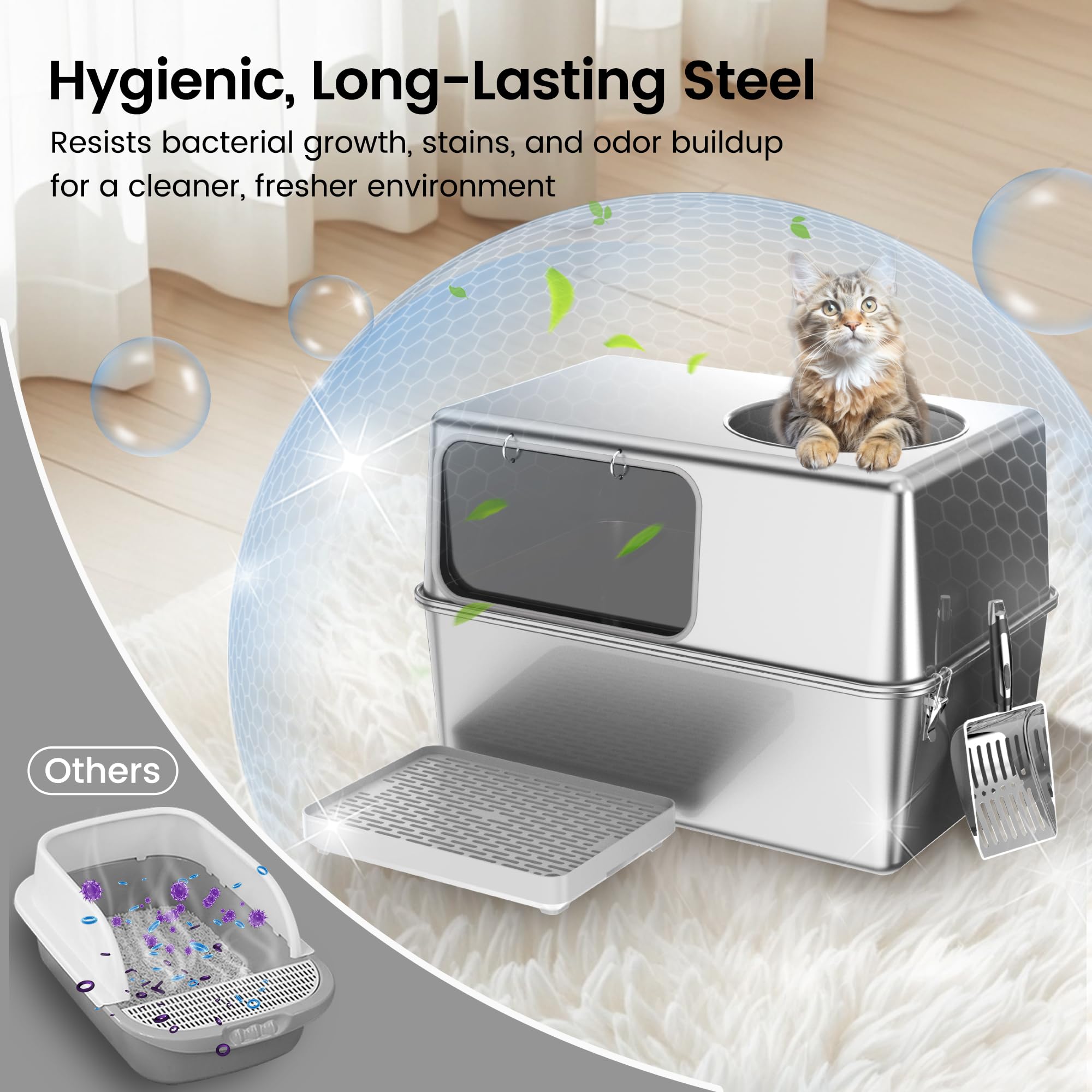 Aothey spacious litter box with dimensions 23.6x15.7x15.7 inches for larger cats.