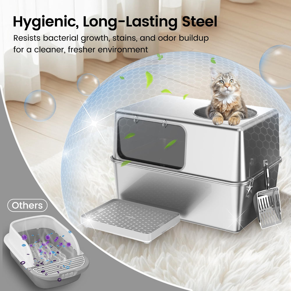 Aothey spacious litter box with dimensions 23.6x15.7x15.7 inches for larger cats.