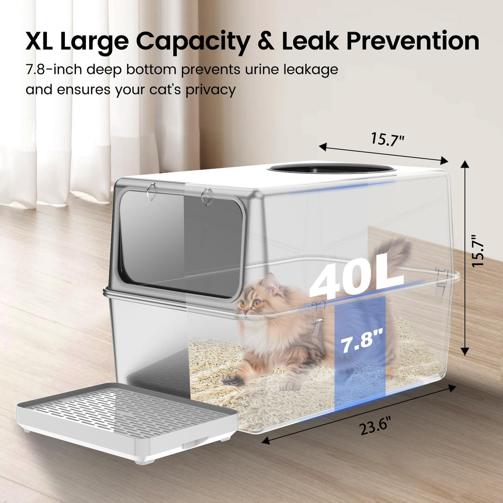 Aothey stainless steel litter box dog-proof entry demonstrates privacy and pet-safe separation.