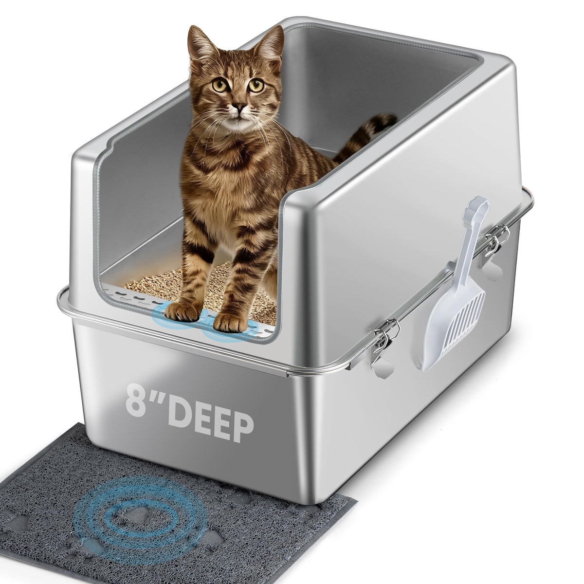 Aothey stainless steel litter box full view showing durable enclosure for large cats