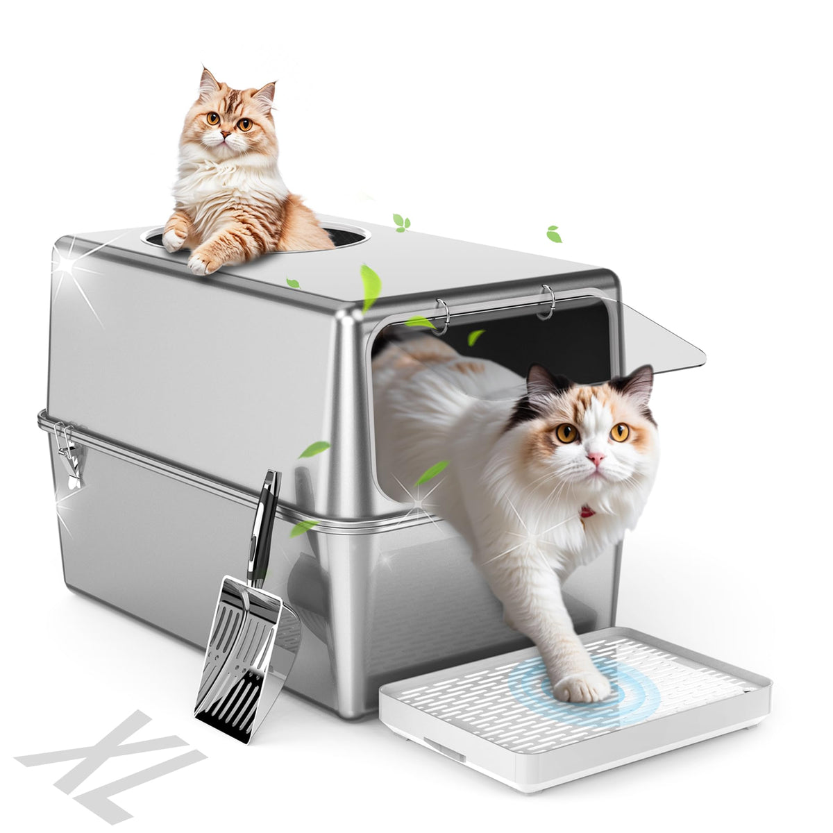 Aothey stainless steel litter box lid closeup showing rust-proof durability for daily use.