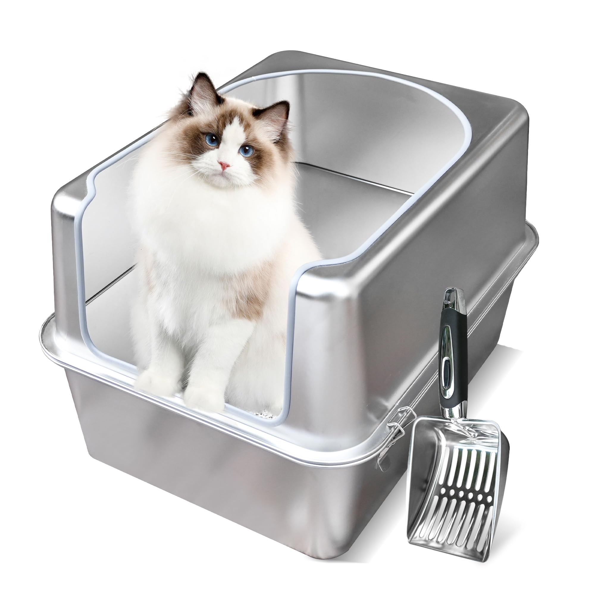 Aothey stainless steel litter box with metal lid offers durable, rust-resistant construction for easy cleaning.