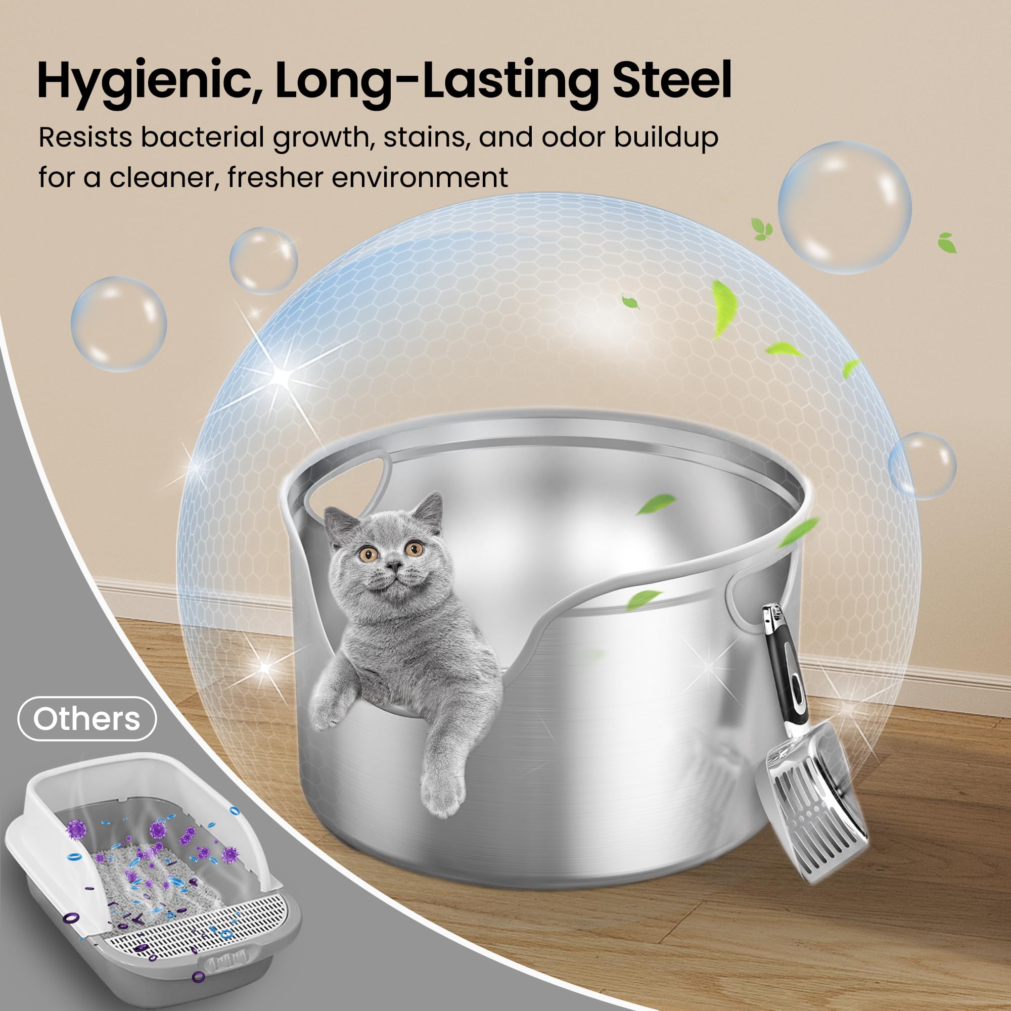 Aothey stainless steel litter box round multi-cat-use supports easier maintenance in busy homes