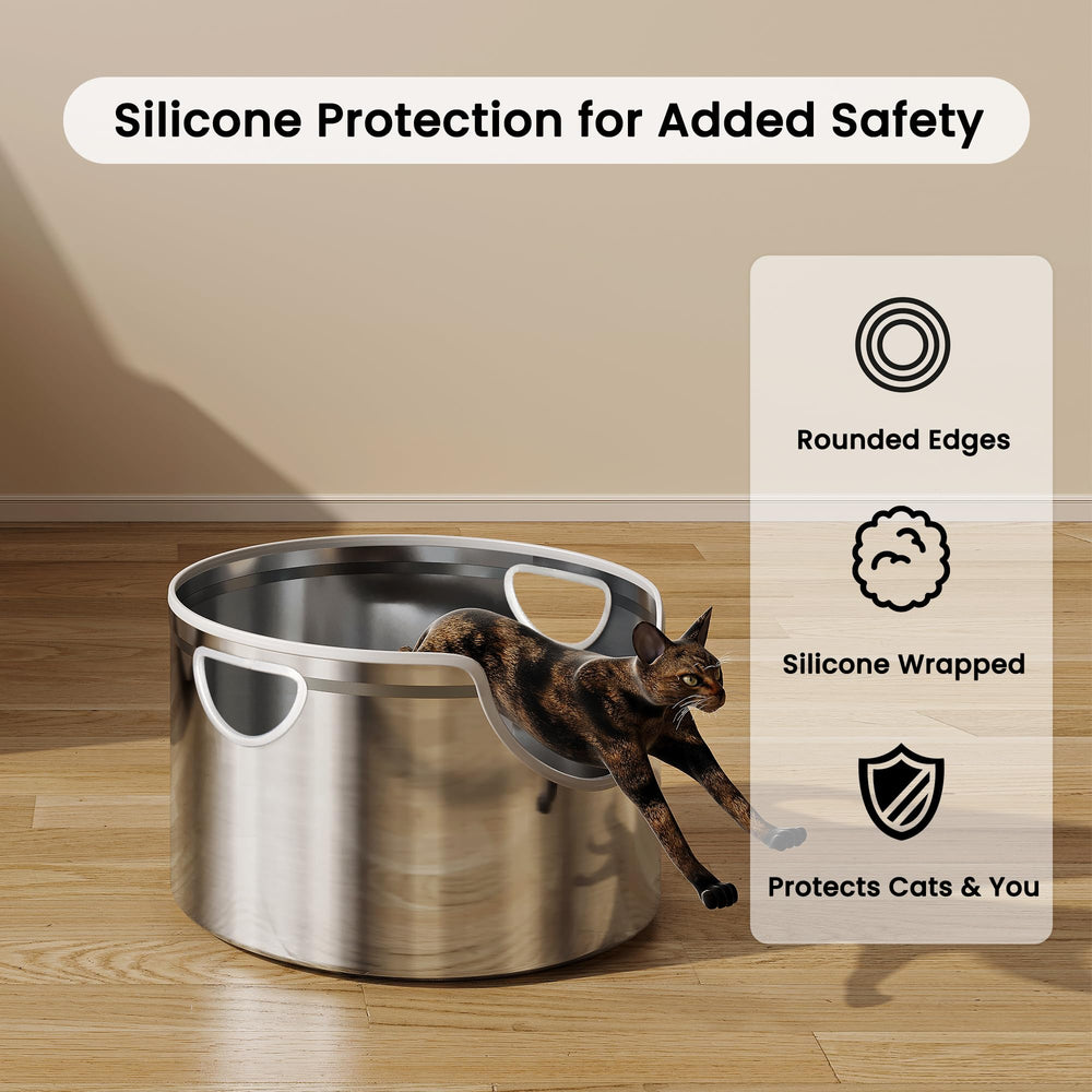 Aothey stainless steel litter box round safe-edges highlights scratch-free comfort for cats