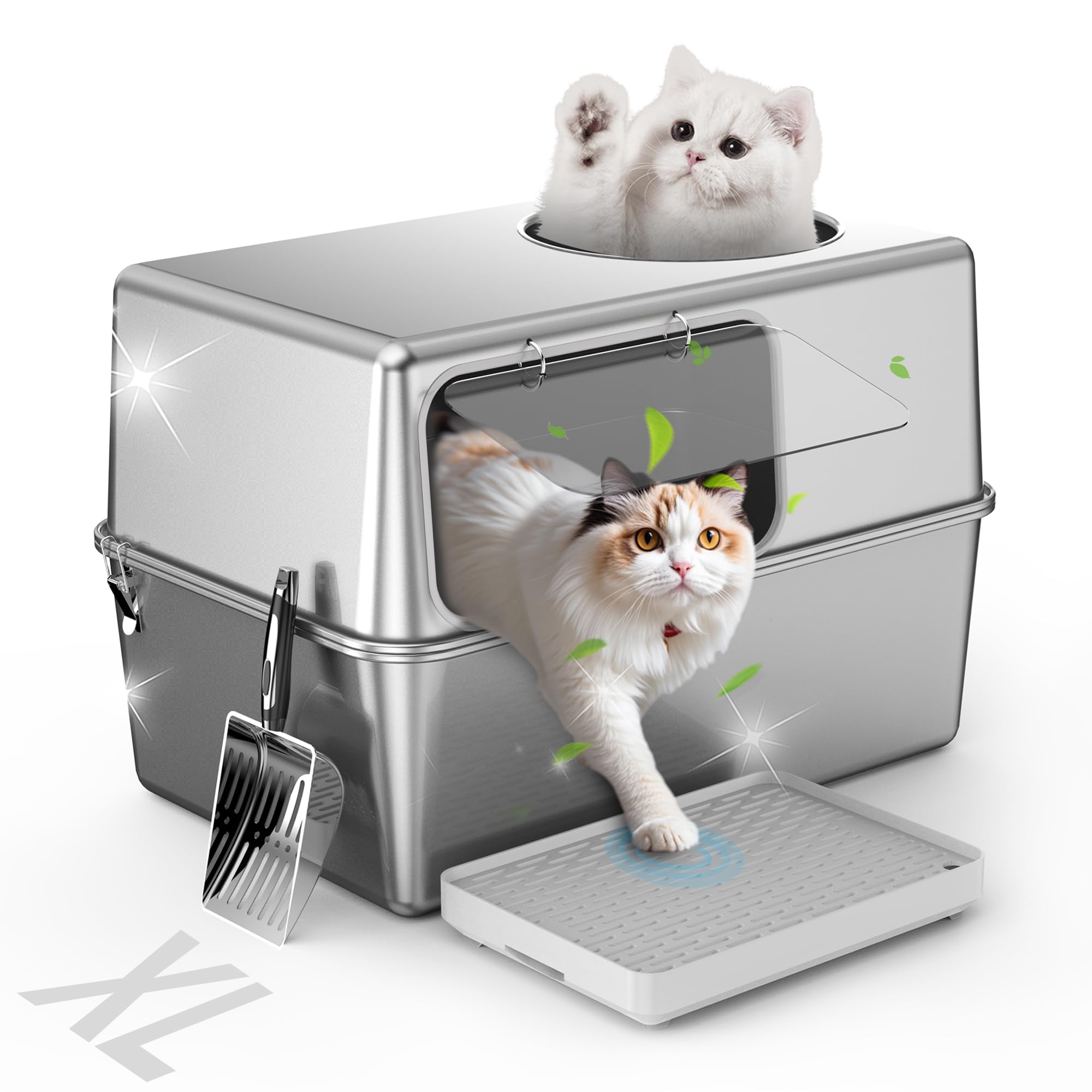 Aothey stainless steel litter box with lid front view demonstrates rust-proof durability for daily use.