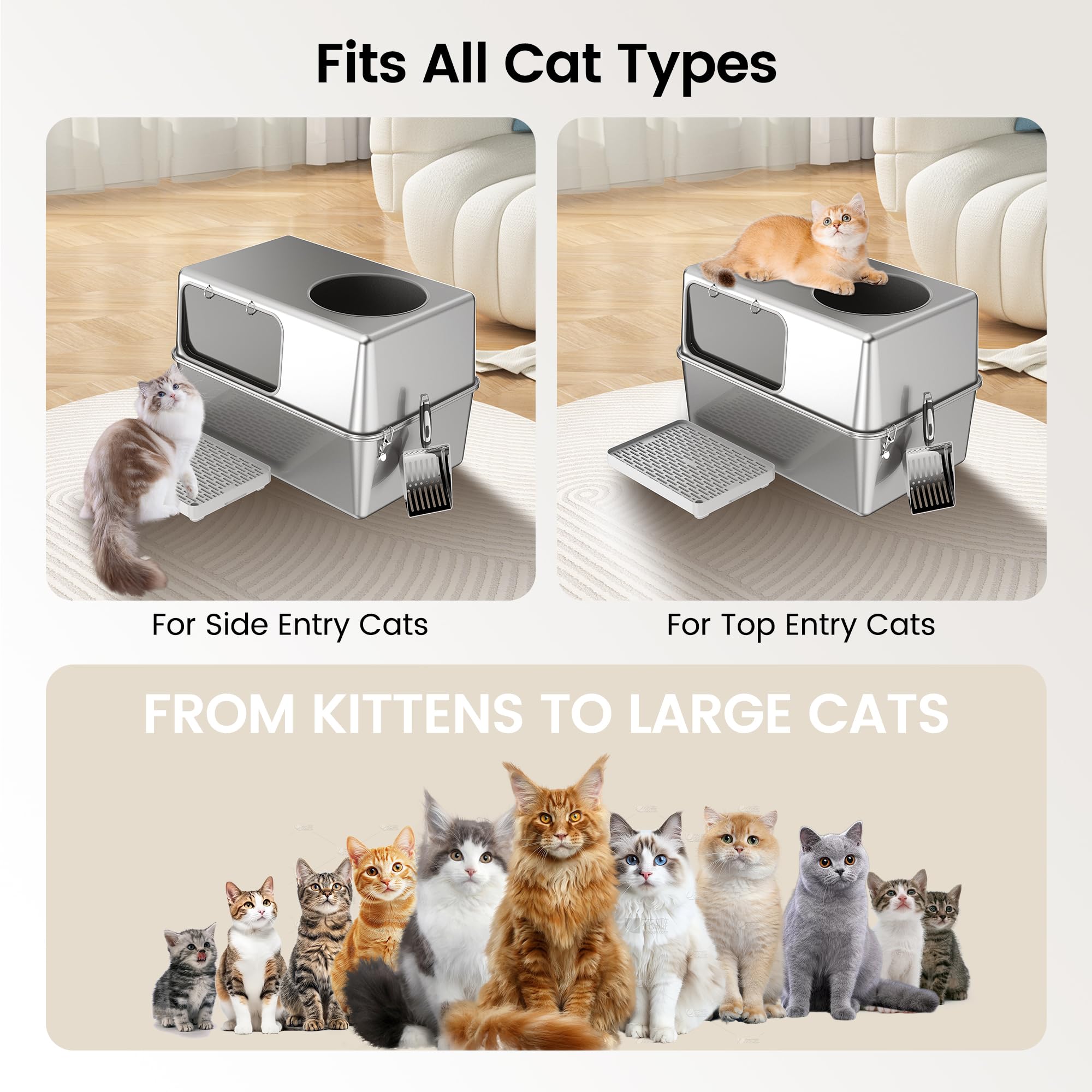 Aothey stainless steel scoop included supports quick, hygienic litter removal.