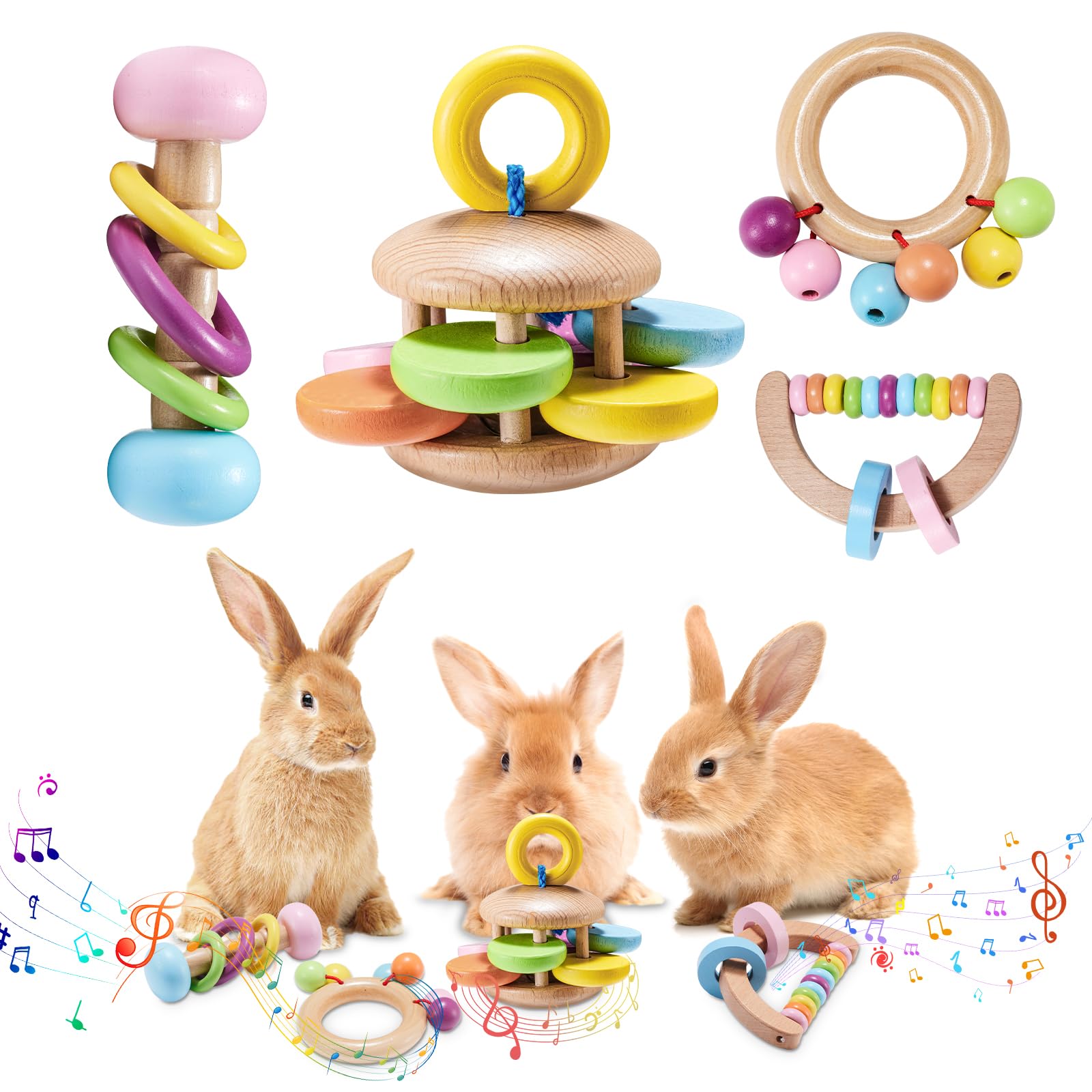 AOWPFVV 4 Pcs Wooden Bunny Toys close-up shows safe edges for gentle nibbling and play.