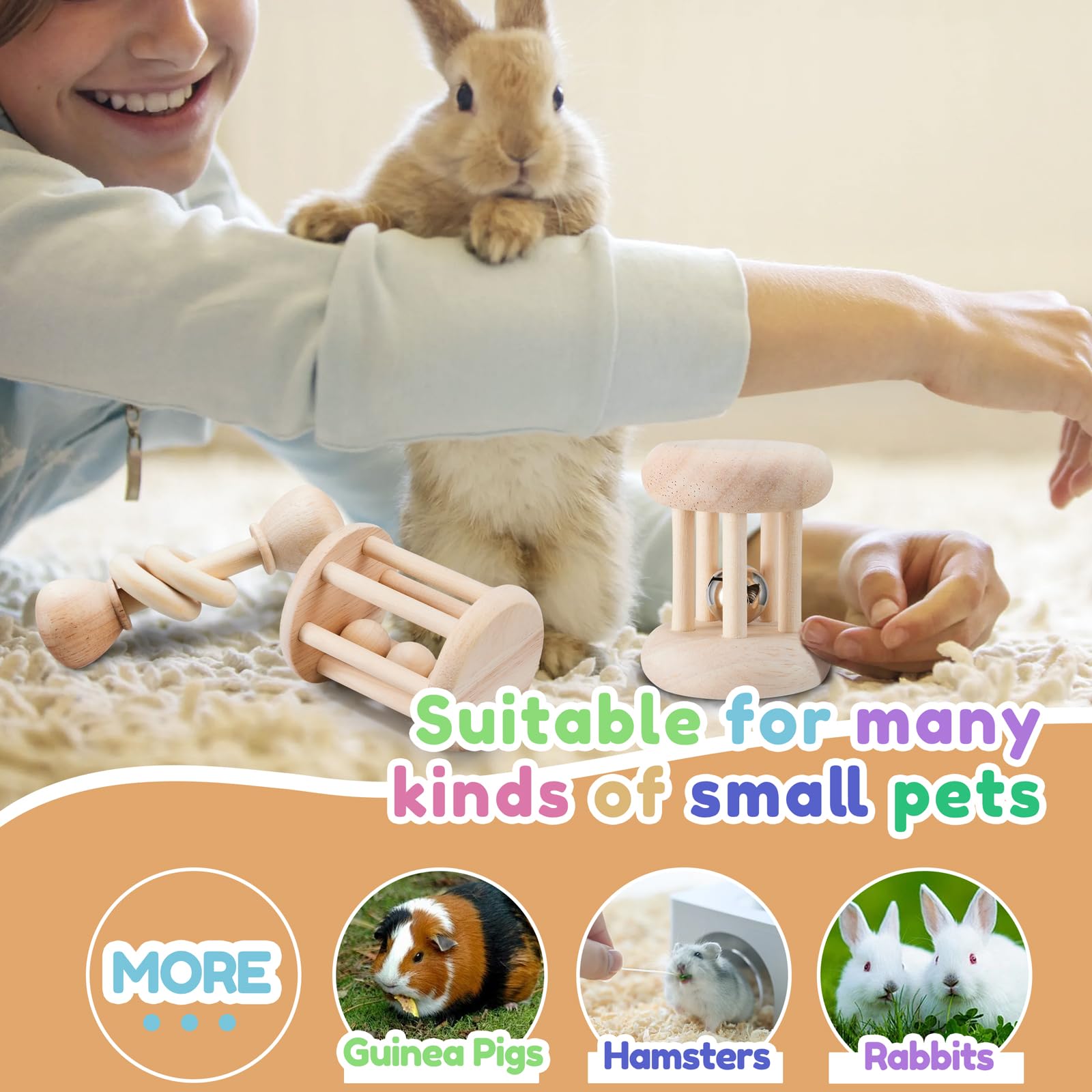 AOWPFVV wooden bunny toy teeth grinding 4in supports gentle tooth wear during play.