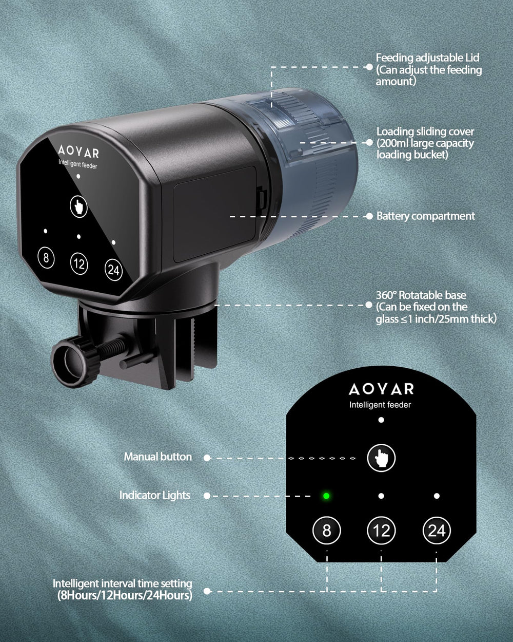 Aoyar compatible with flakes, pellets, powder, and strips for diverse fish diets.