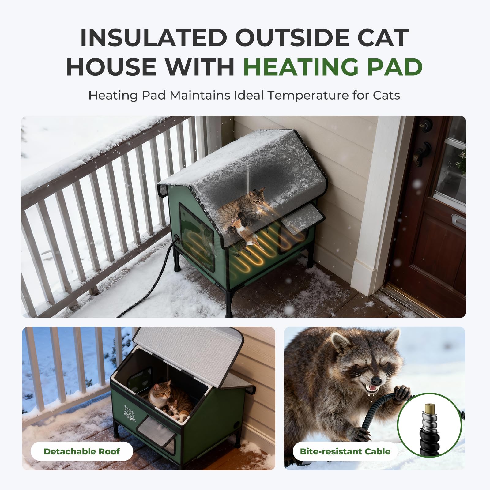 Apasiri heated outdoor cat house fiberglass frame provides strong, durable support.