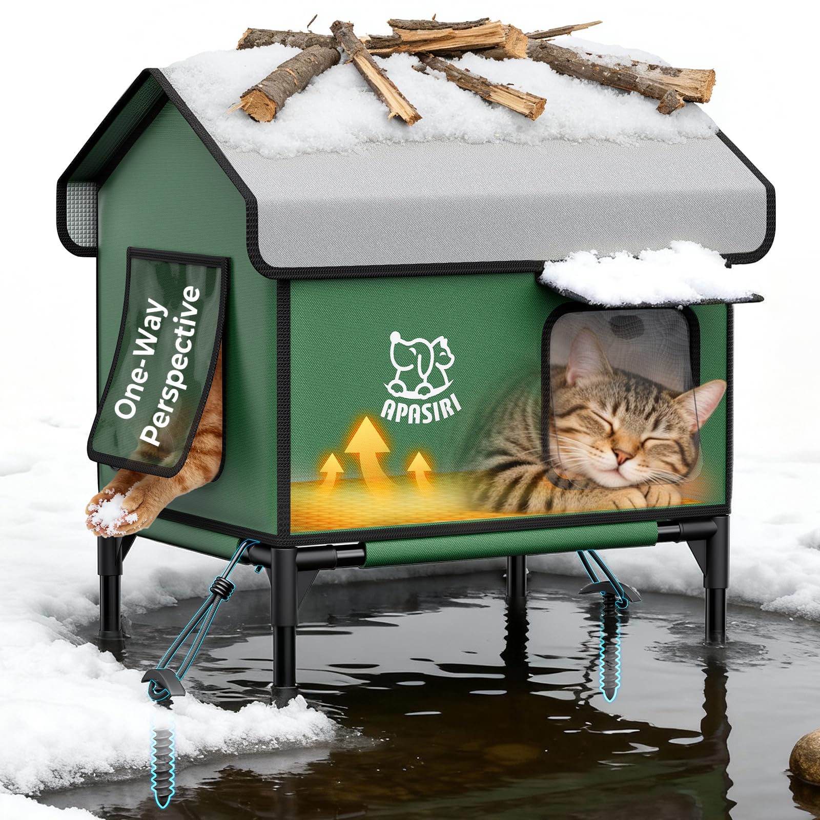 Apasiri heated outdoor cat house front view shows weatherproof shelter for outdoor cats.