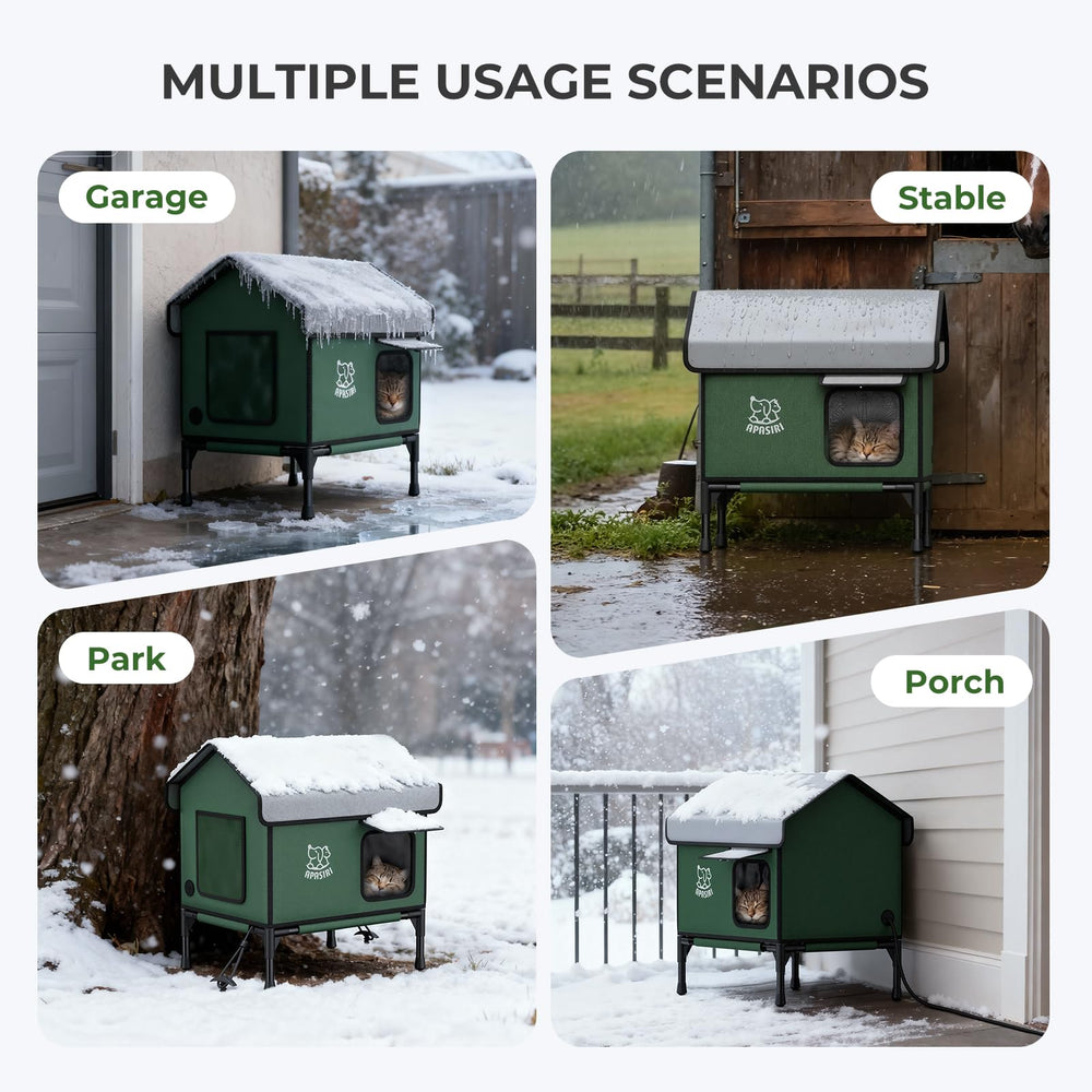 Apasiri heated outdoor cat house ground stakes keep shelter stable in wind.