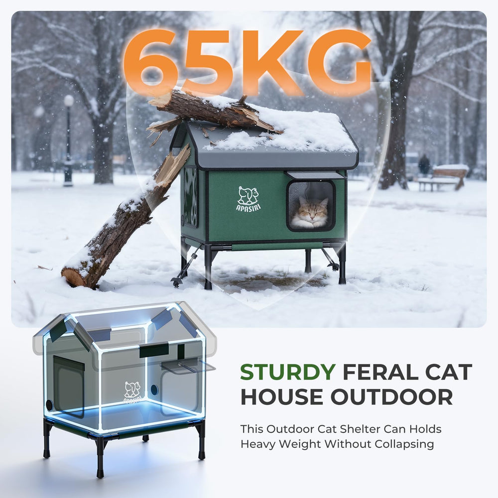 Apasiri heated outdoor cat house interior with warming pad for cozy chilly days.