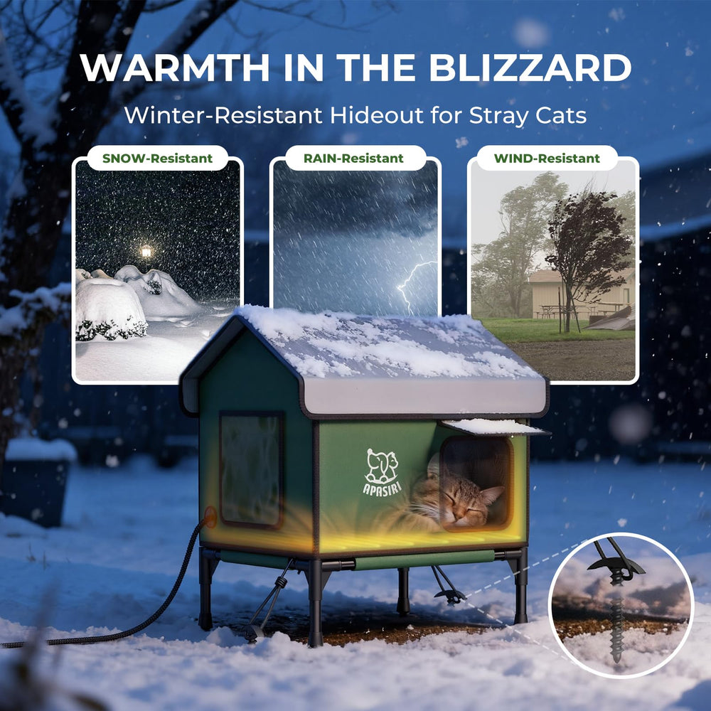 Apasiri heated outdoor cat house uses weather-resistant fabric to protect against snow and rain.
