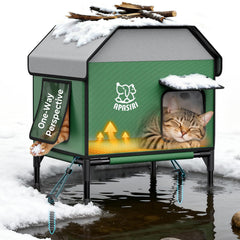 Apasiri heated outdoor cat house winter exterior shields cats from wind and cold.