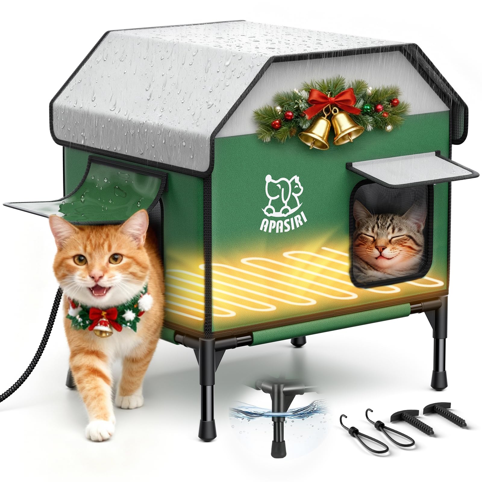 Apasiri heated outdoor cat house front view for winter warmth and wind protection.