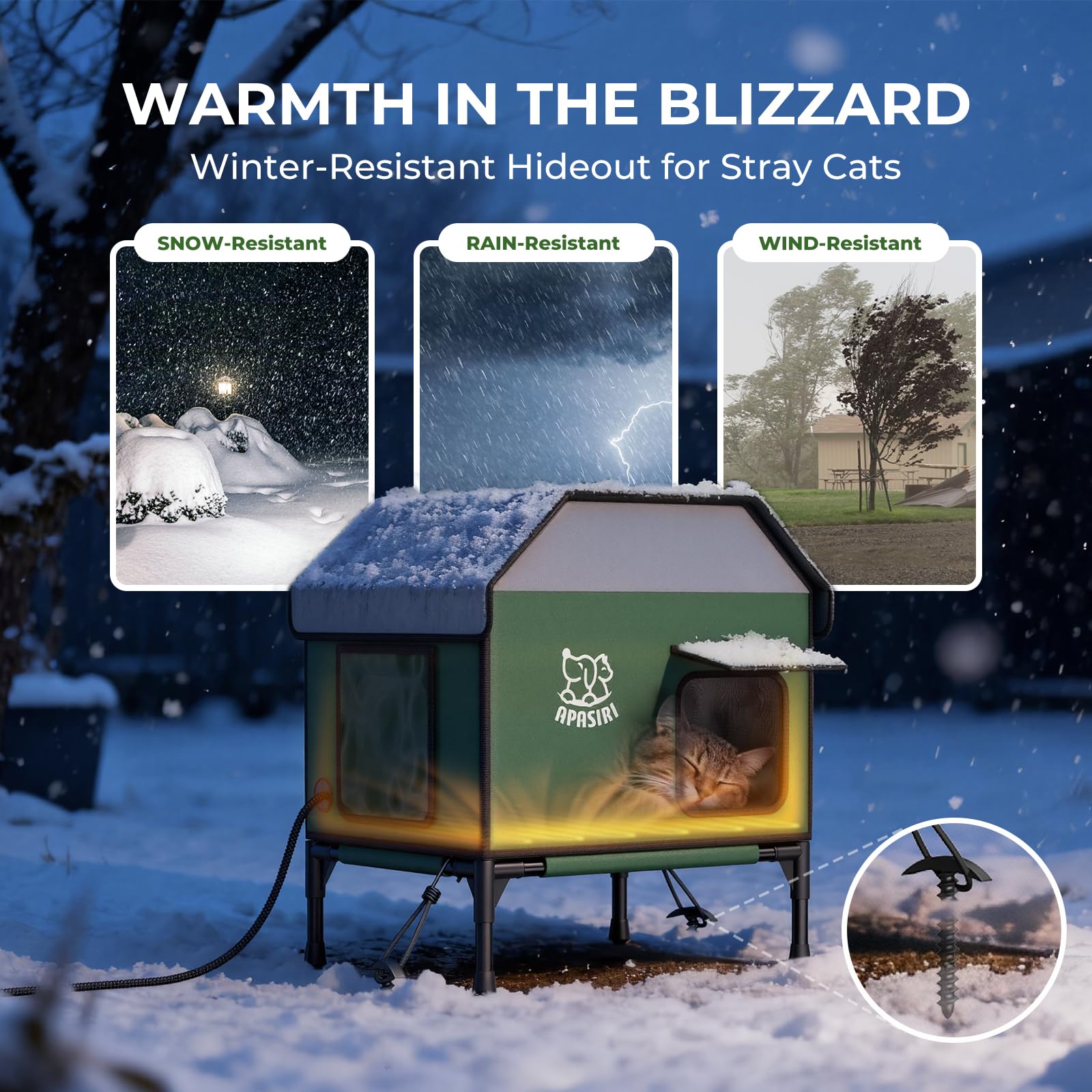 Apasiri outdoor cat house insulated roof highlights high heat retention on cold days.