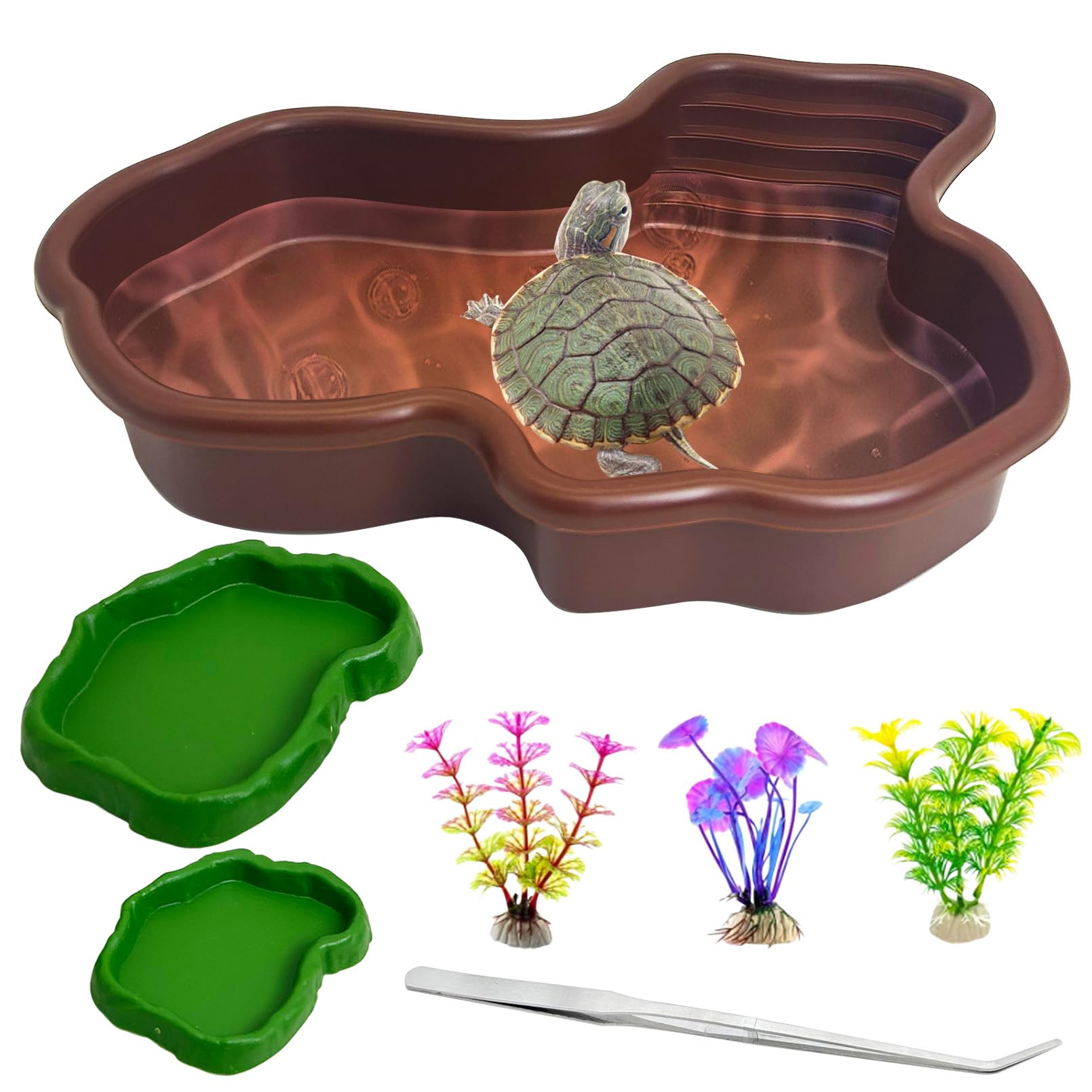 Apatal reptile bathing pool set shown in habitat for soaking and feeding