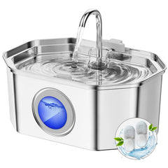 APAUK cat water fountain front view in stainless steel for multi-pet households.