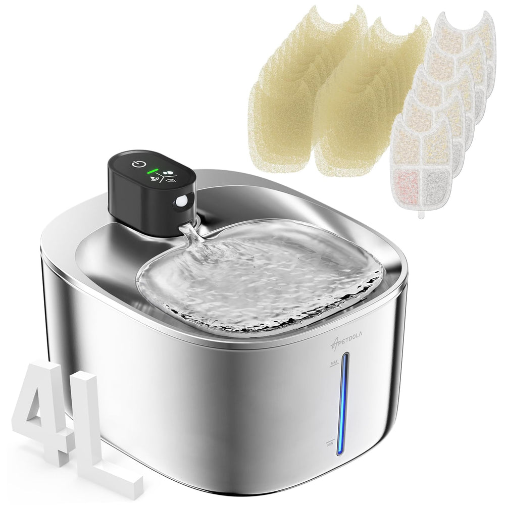 APD APETDOLA cat water fountain stainless-steel profile shows durable, rust-resistant construction for reliable hydration