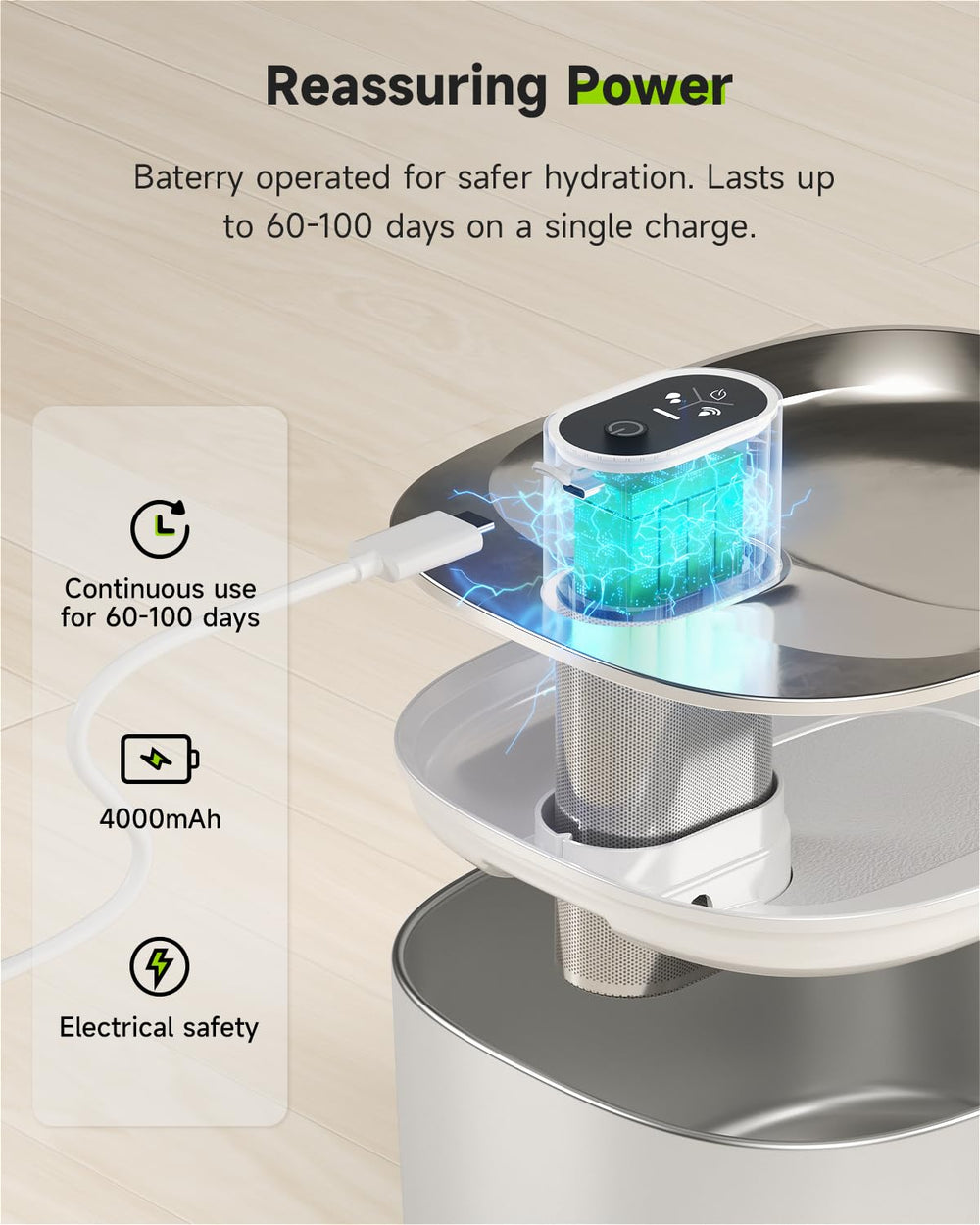 APD APETDOLA cat water fountain triple modes image demonstrates sensing, intermittent, and constant flow