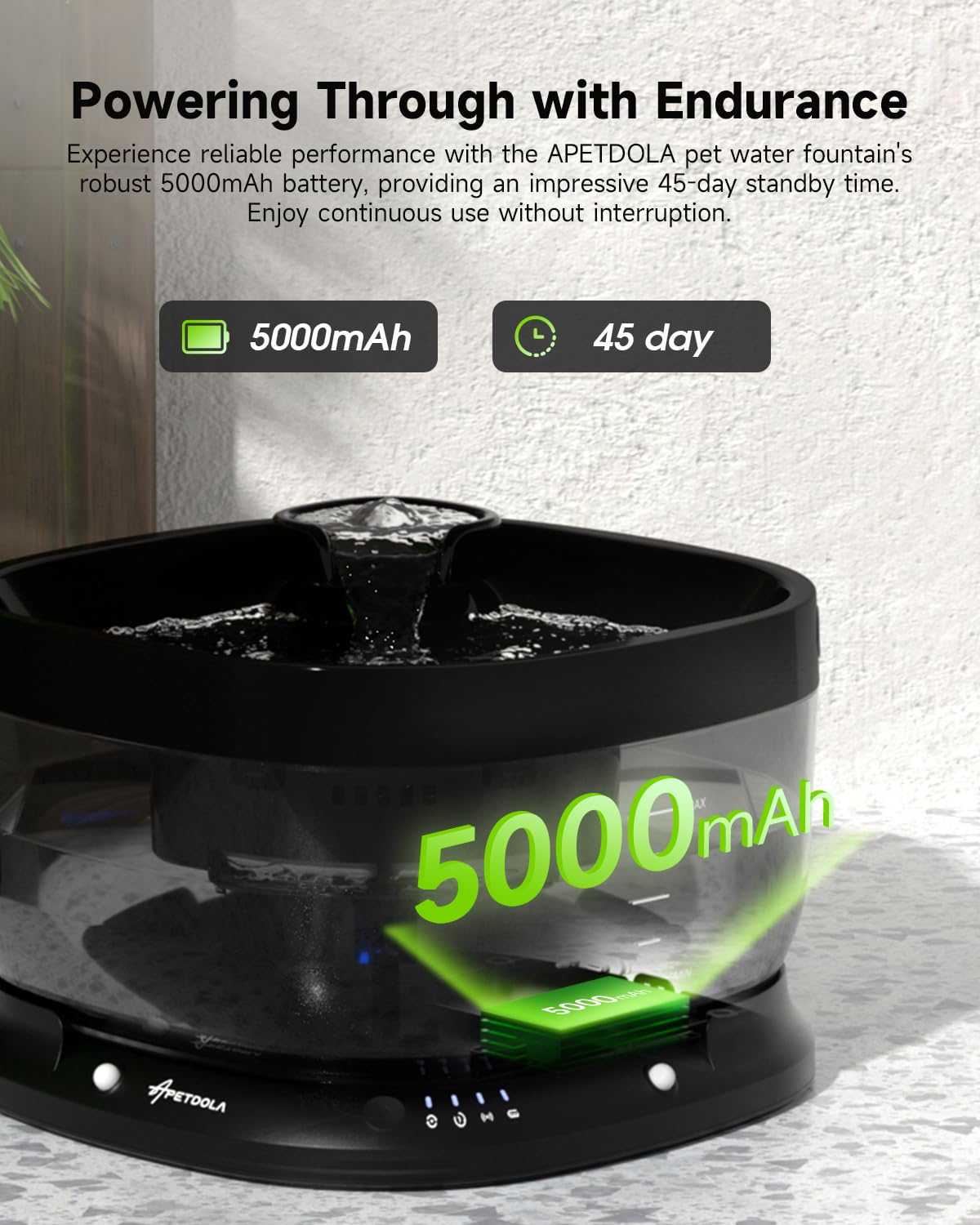 APD APETDOLA FP30 5000mAh battery demonstrates long-lasting power for pets' hydration on the go.